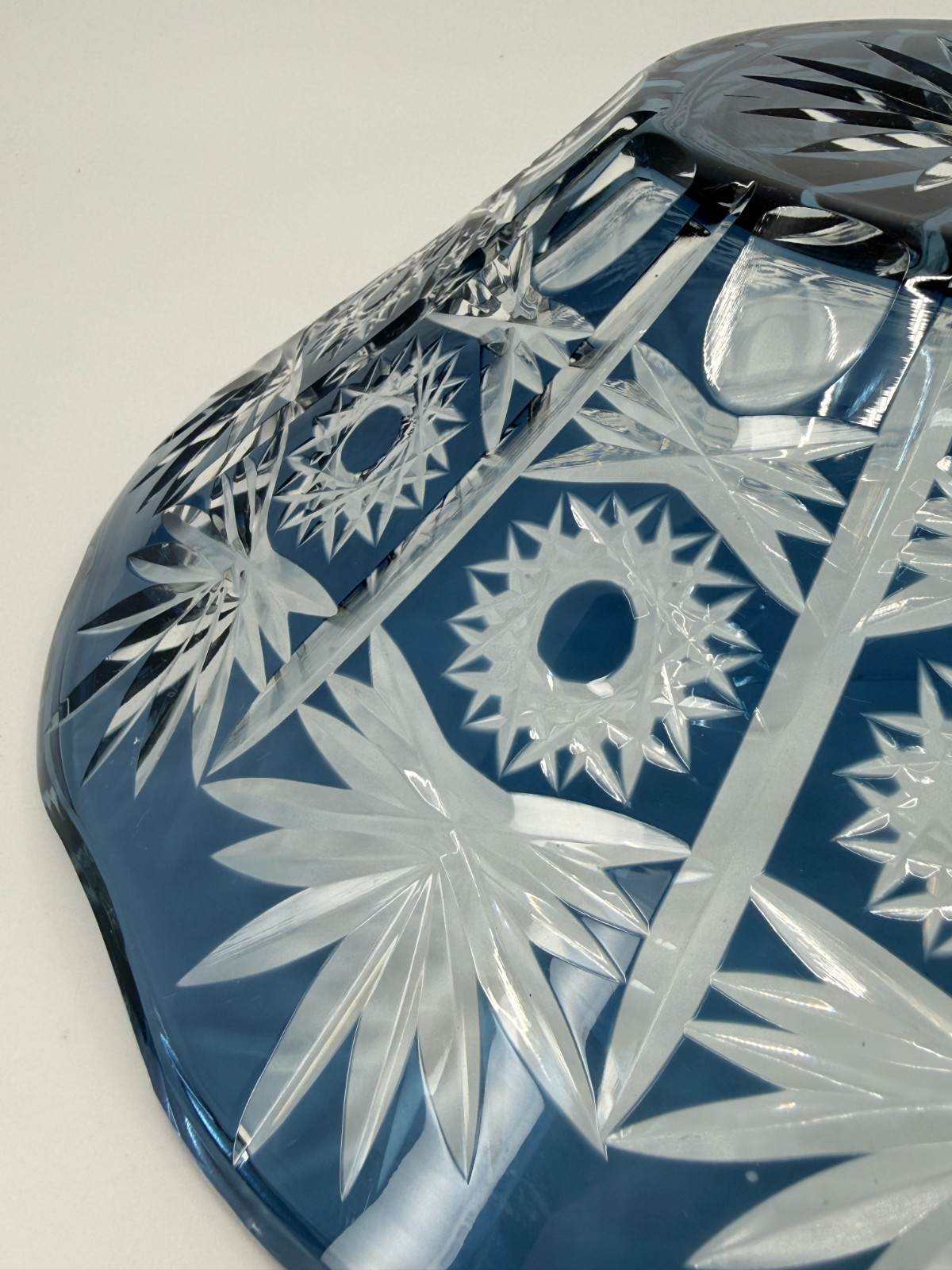 1950s Vintage Bohemian Lead Crystal Glass Cut To Clear Cobalt Blue Bowl 13″W