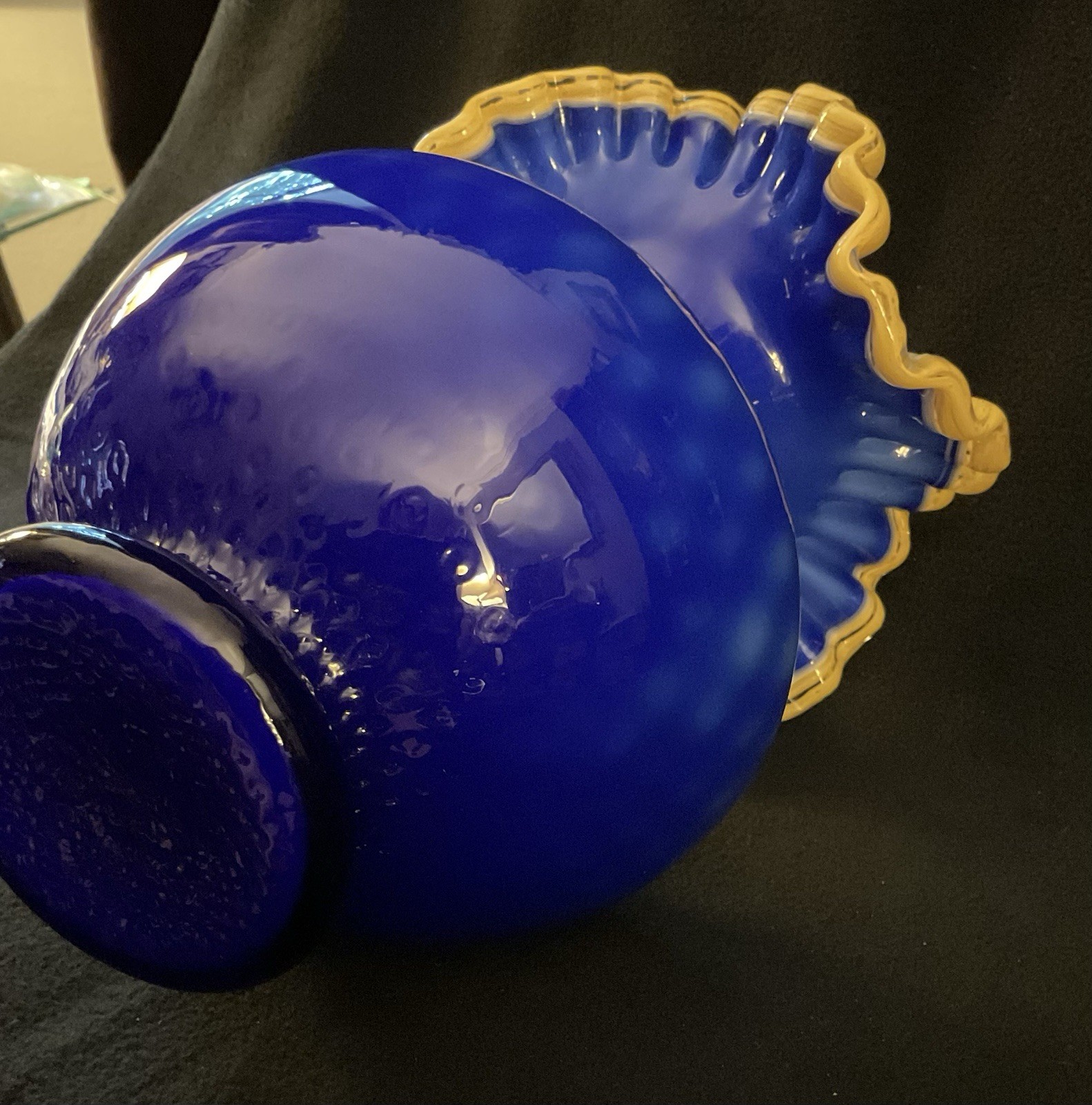 2 MCM Arte Murano Kristall Mery Cobalt Blue Pitcher W/Yellow Ruffled Rim 8.5