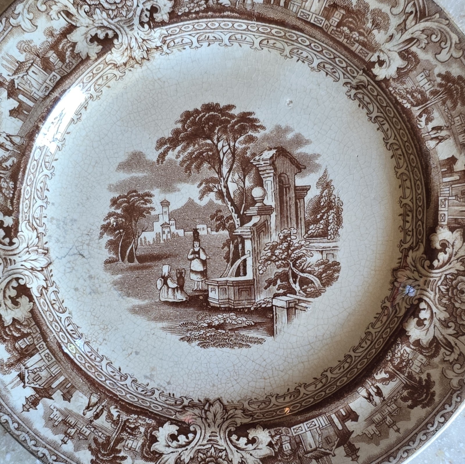 Antique Old Hall 1860s England Brown Transferware Plate – Rare Victorian ITALY
