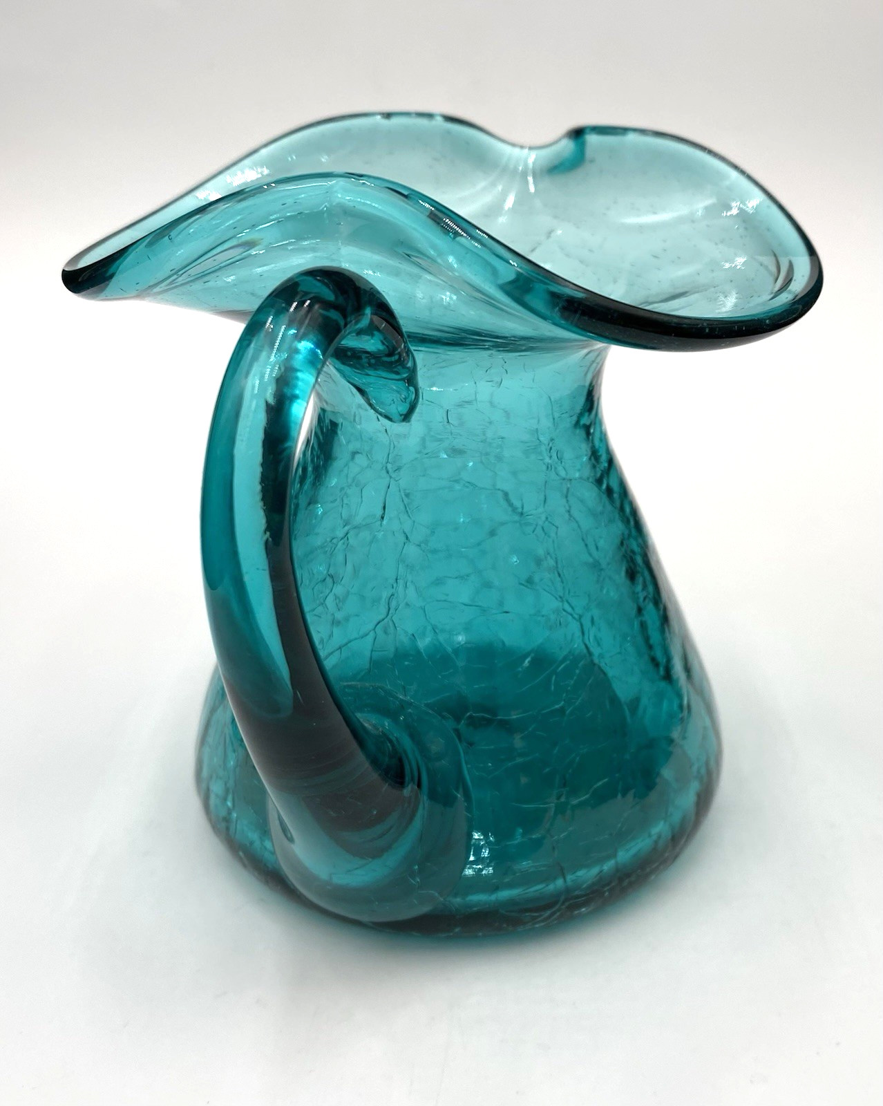 Vintage (1960s) MCM Rainbow Glass Co. Crackle Glass Pitcher, Teal, 4.25″ Tall