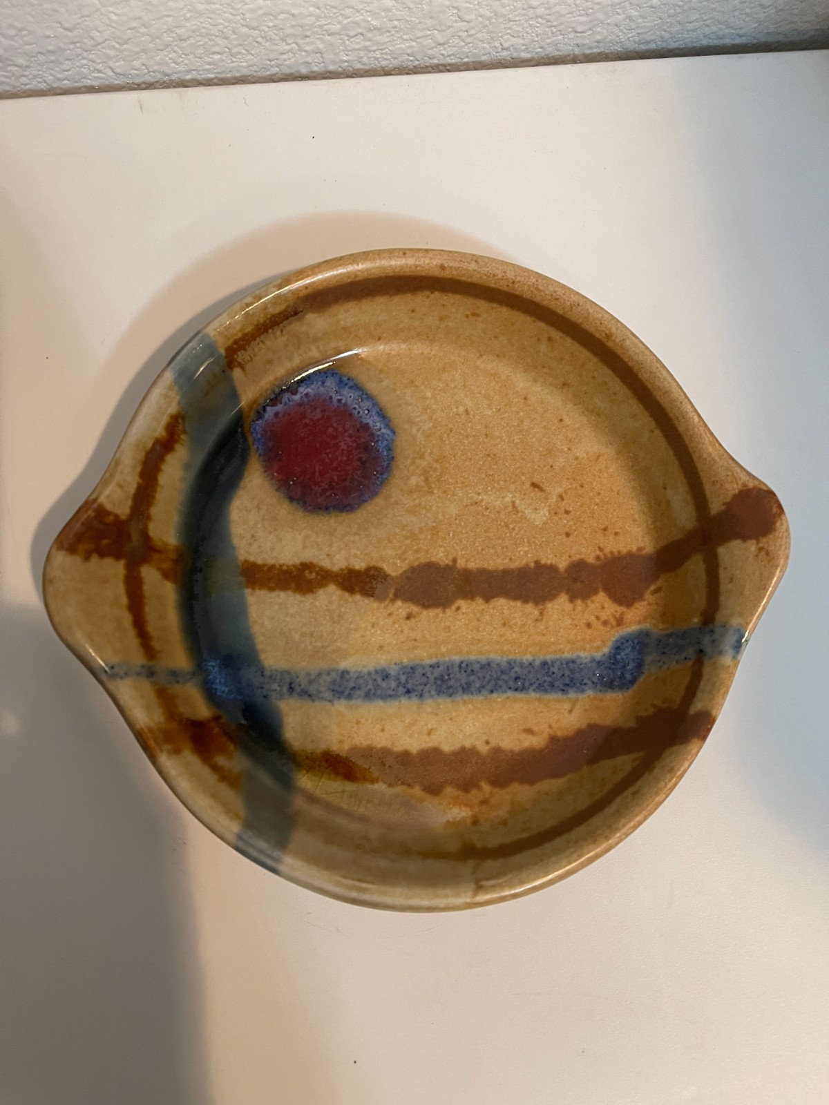 Vintage SIGNED WALT GLASS Studio Pottery Double HANDLED Dish Bowl- 6.5in x 7.2in