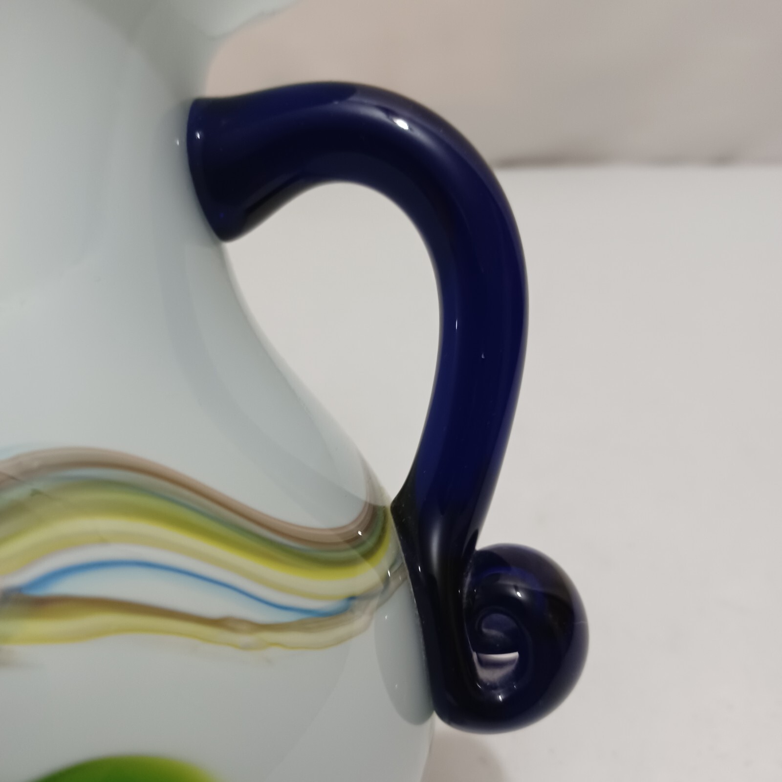 vintage venetian art glass pitcher white/yellow/cobalt blue 7″