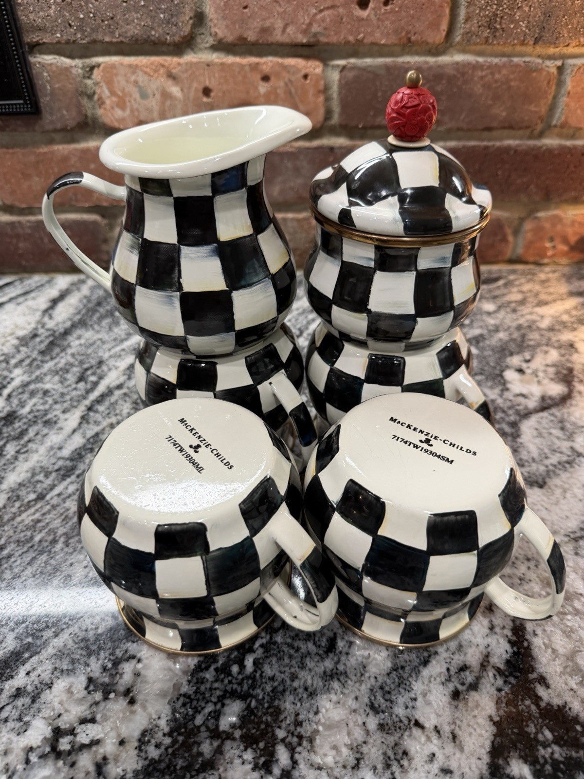 McKenzie Childs 4 Mugs And Cream And Sugar Courtly Check