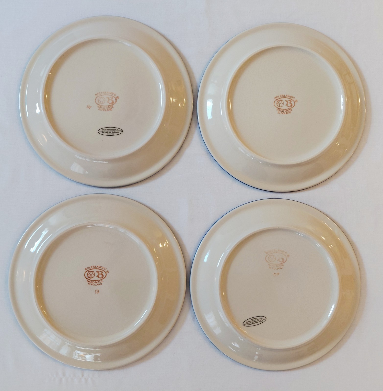 Boleslawiec Dinner Plates 11″ Greek Key Peacock Polish Pottery Blue White Set 4