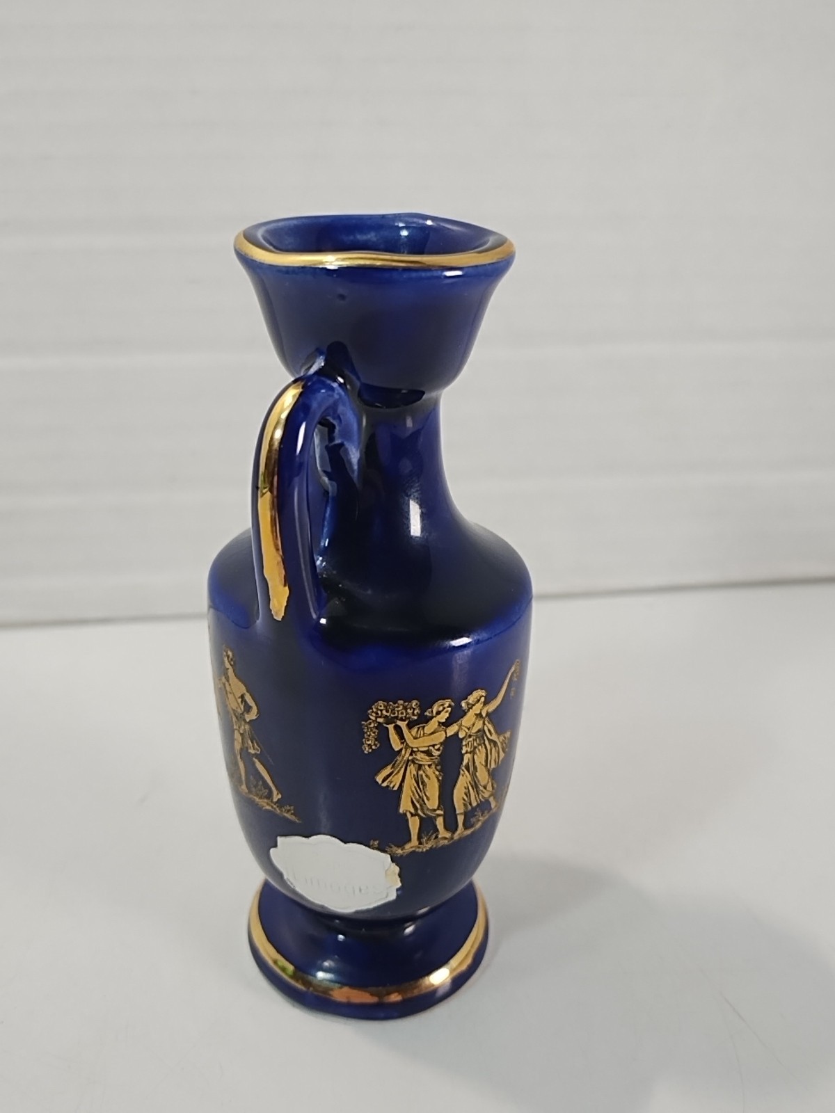 LIMOGES Porcelain Miniature Vase Greek Style Blue/ Gold 4.25” Pitcher w/ Handle
