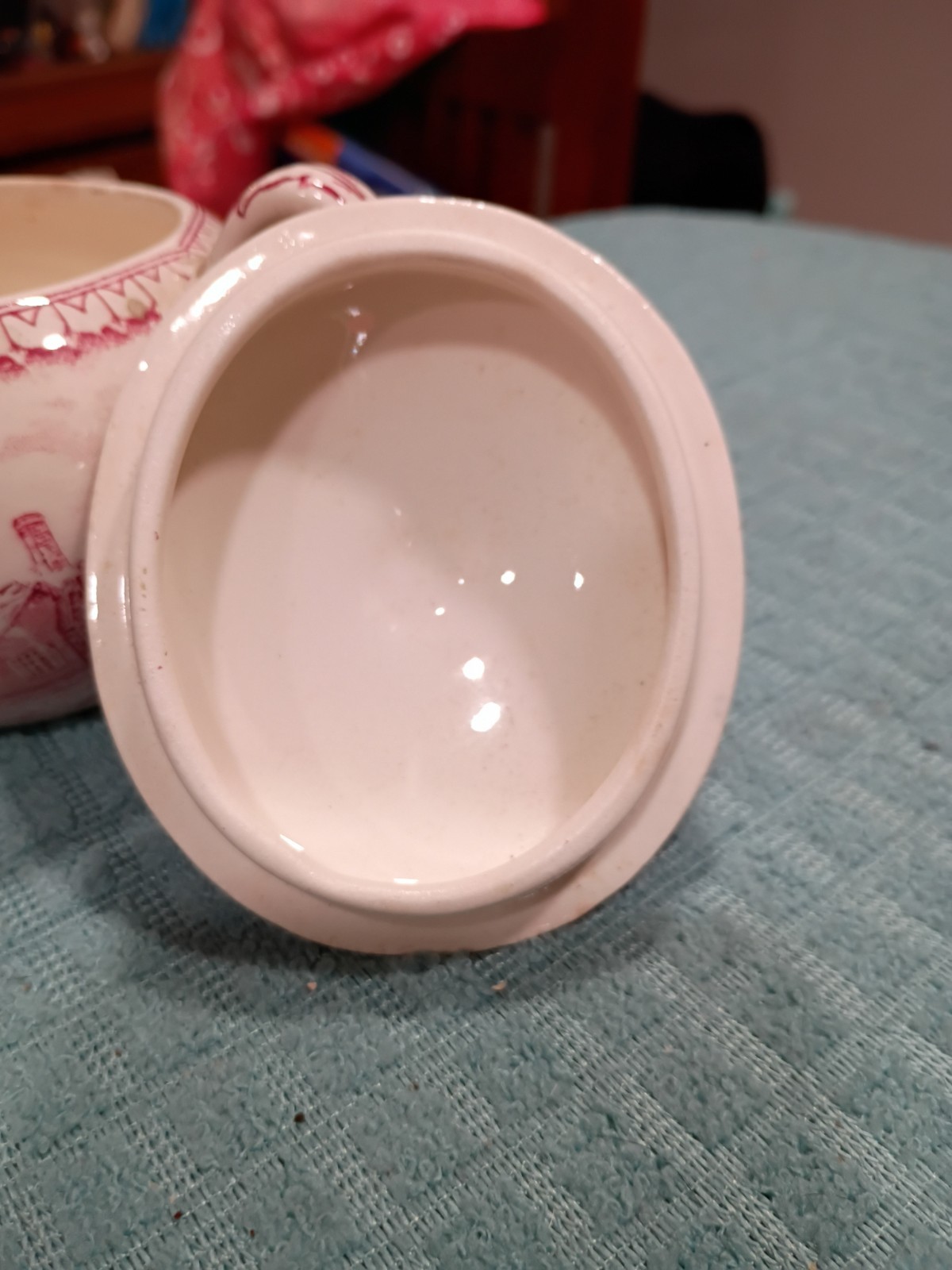 Homer Laughlin Red Transferware Sugar Bowl W/Lid Currier & Ives 3.75” 12 Oz