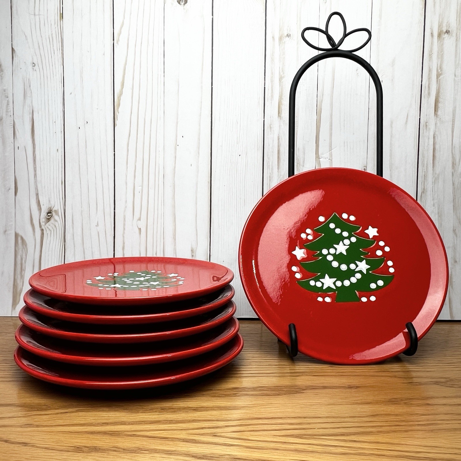 Waechtersbach Germany Red Christmas Tree 7.75″ Salad Plates Bread Dessert Set 6