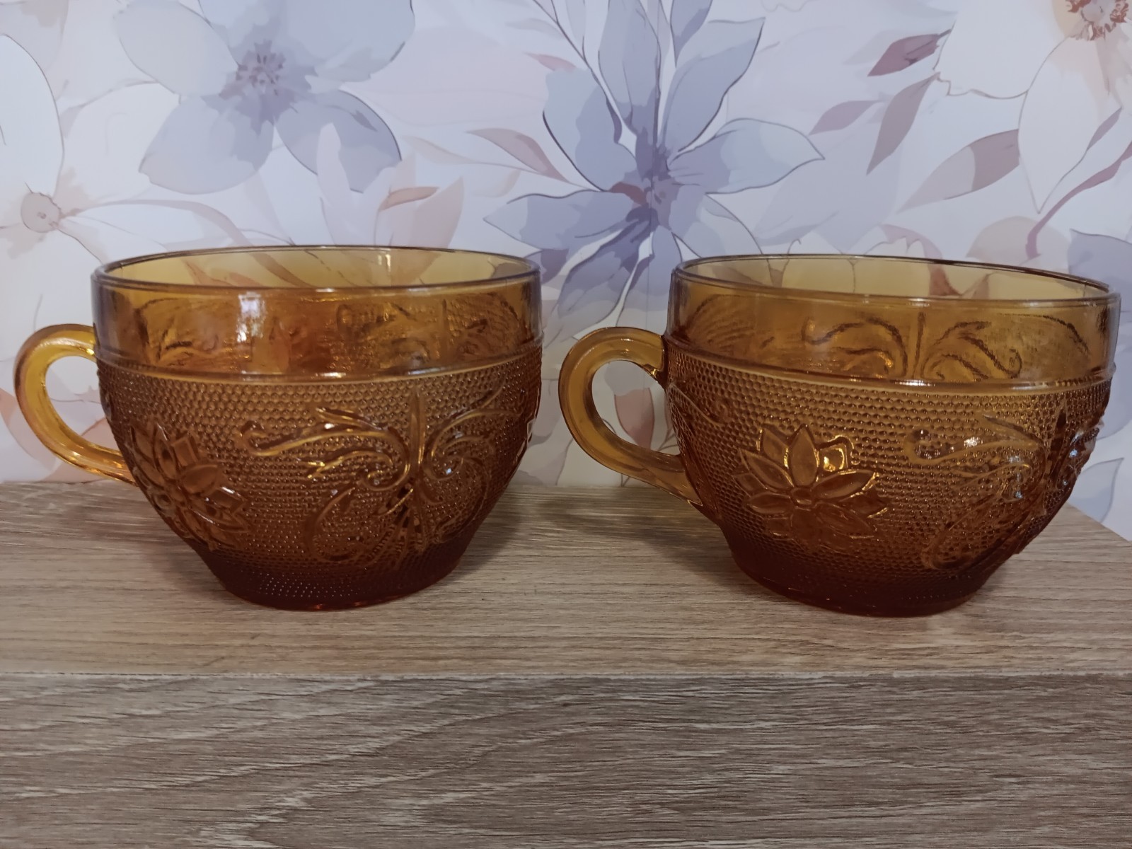 VTG Cups Coffee/ Tea Indiana Glass Tiara Amber Sandwich Glass Two 1970’s