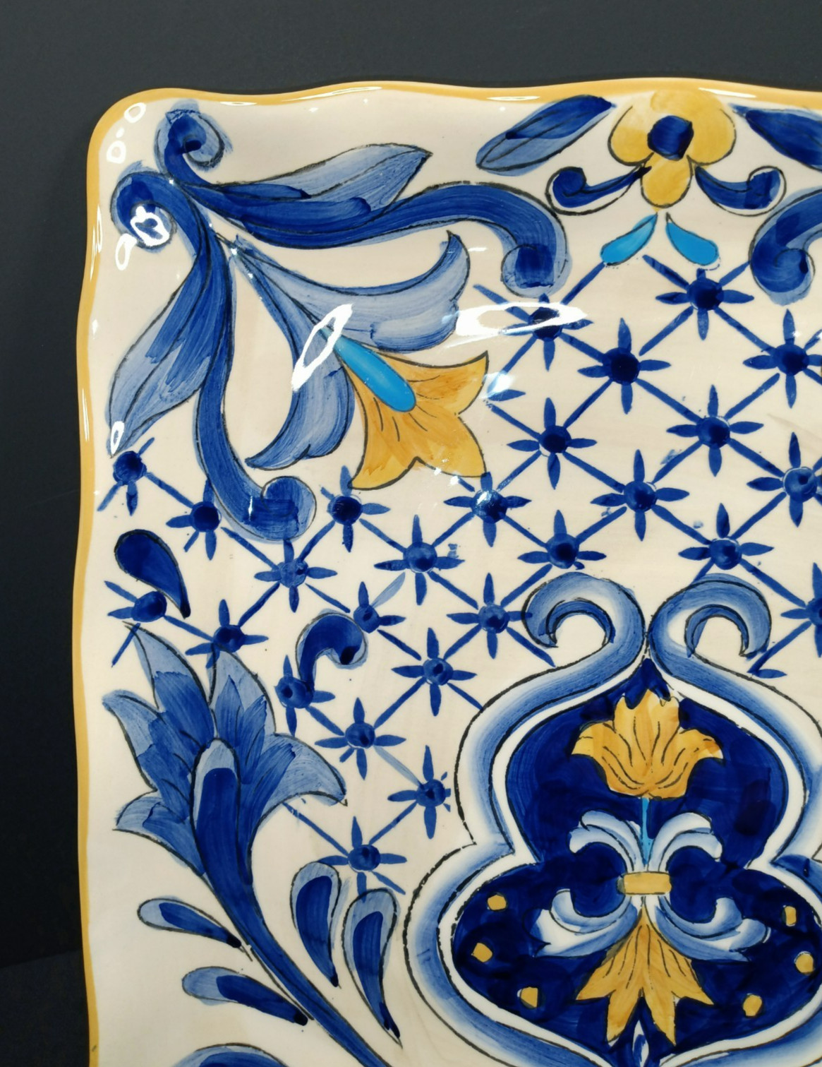 Maxcera TERRA NOVA Hand Painted Cobalt Blue Yellow Square Dinner Plate 11.50″W