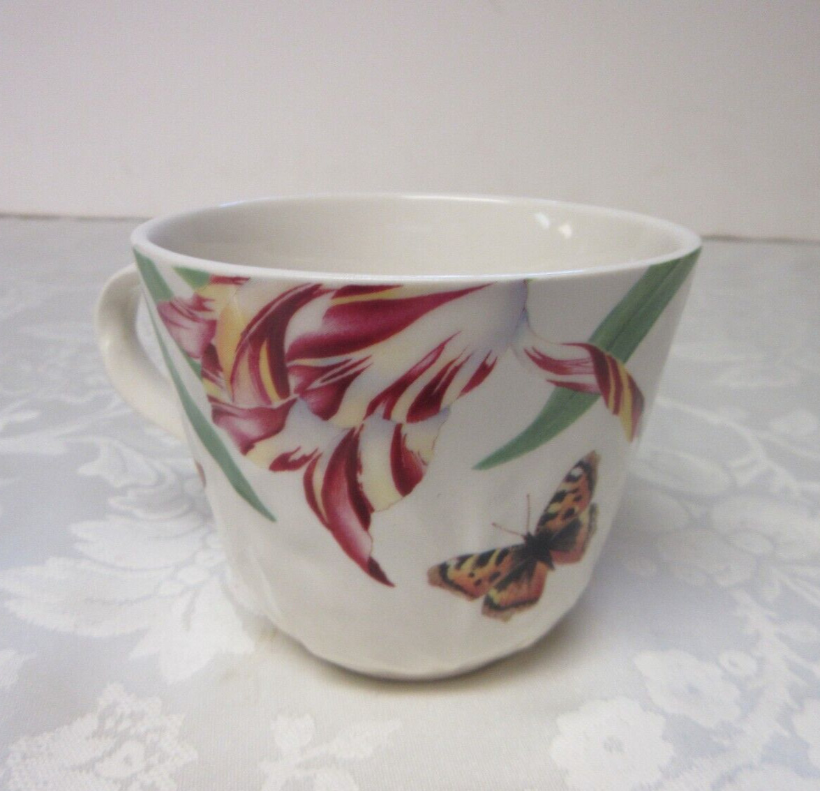 Spode Floral Haven Flat Cup Saucer Set Scalloped Butterflies Tulips Bee England
