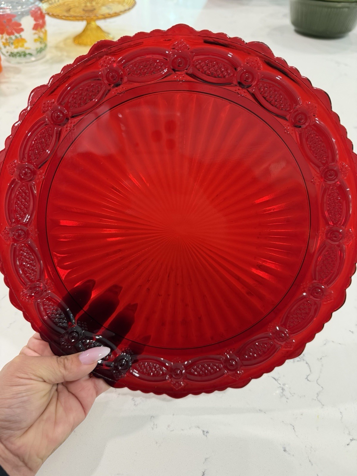 Vintage Avon Ruby Red Glass Serving Plate 10” Scalloped Border Decor