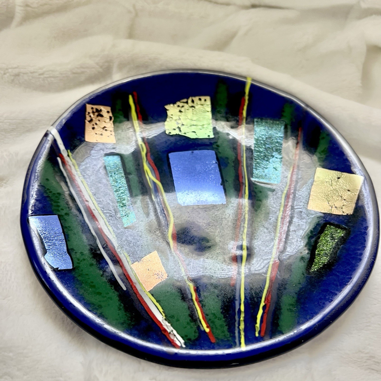 Abstract Fused Dichroic Art Glass Plate Blue Multicolor Modern Decor 8”