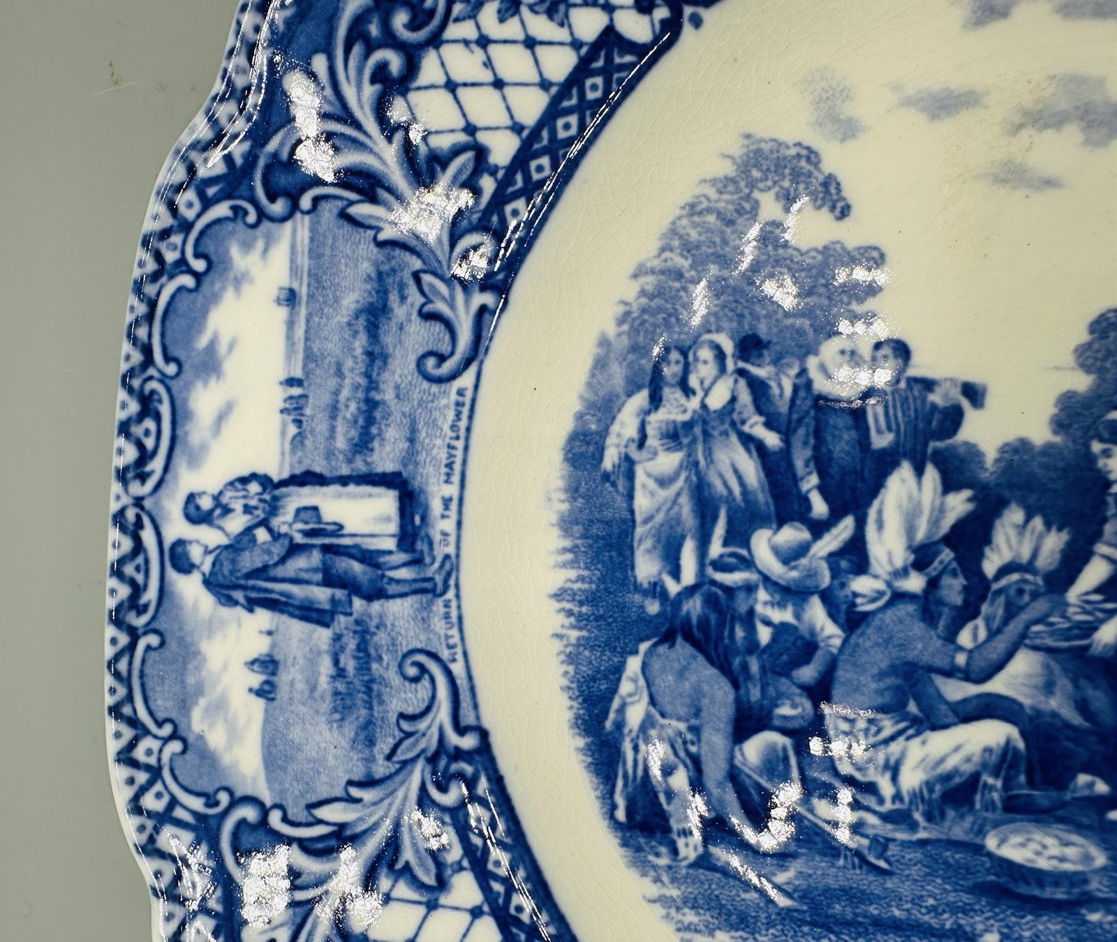 Crown Ducal Colonial Times 10.5″ Dinner Plate First Thanksgiving Blue Mint
