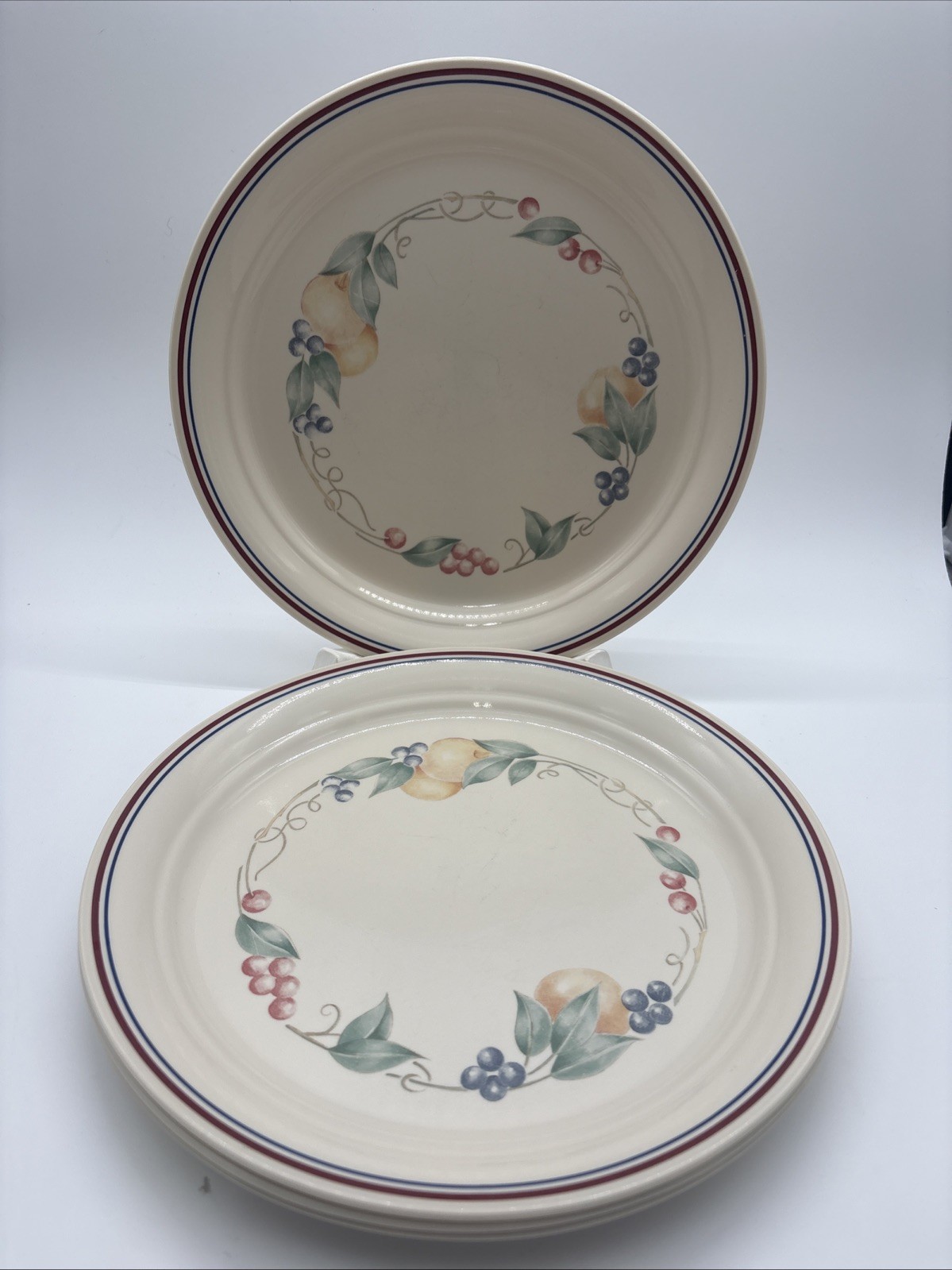 Set Of 4 Corelle ABUNDANCE 10 1/4 ” Dinner Plates Fruit Motif Striped Rim USA