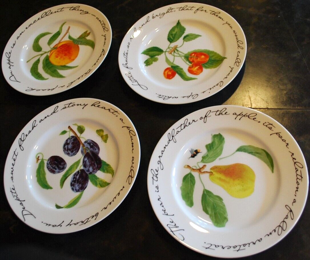 Vintage Set 4 ORCHARD SUITE Williams Sonoma Dessert Plates FRUIT/POETRY 7 7/8″