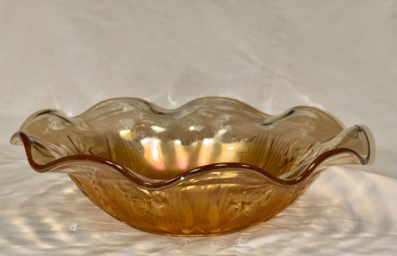 Jeanette Glass Iris and Herringbone Marigold Carnival Iridescent 9.5″ Bowl