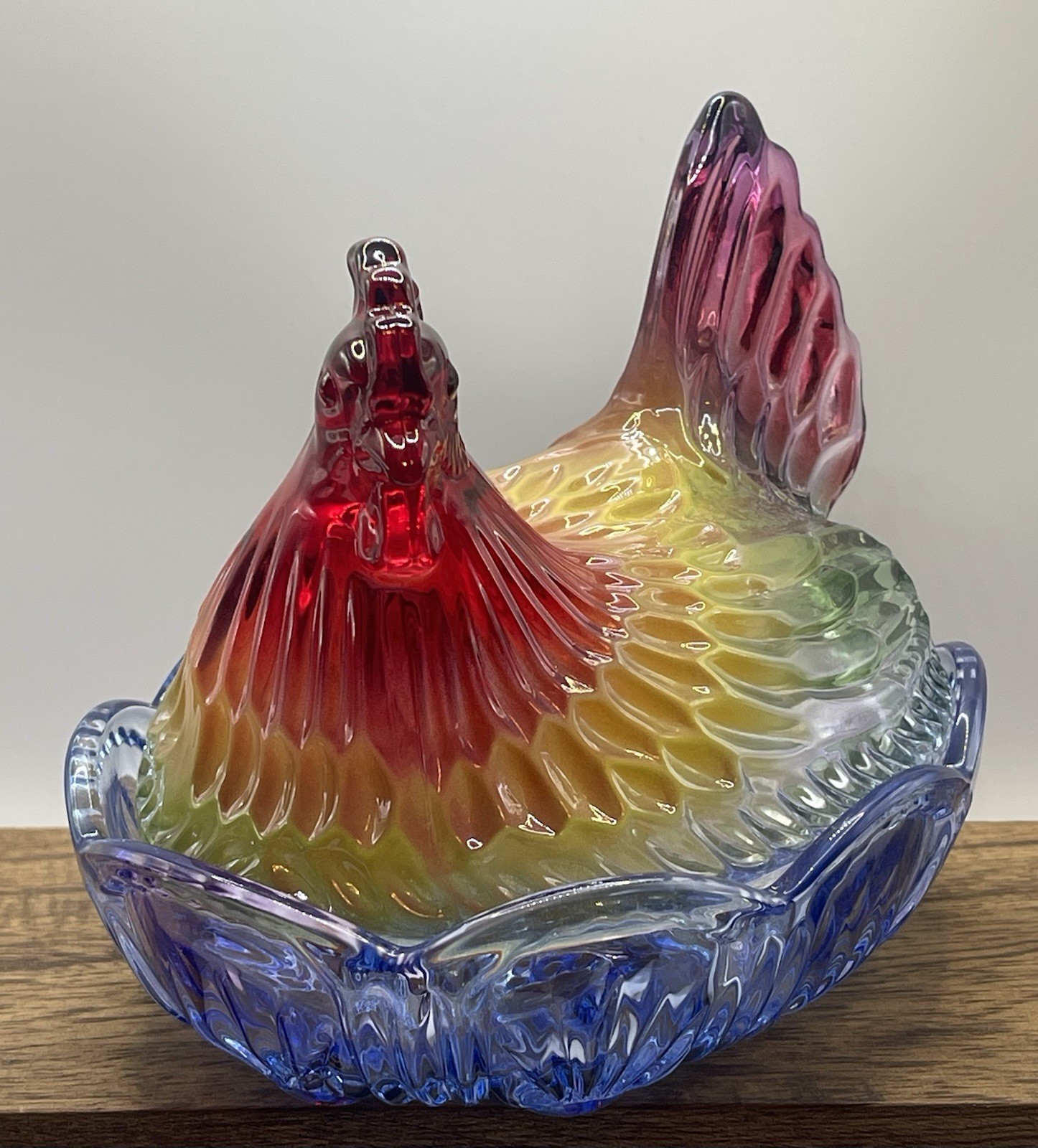 Rainbow Glass Hen On Nest Covered Candy Dish 7” Decorative Import
