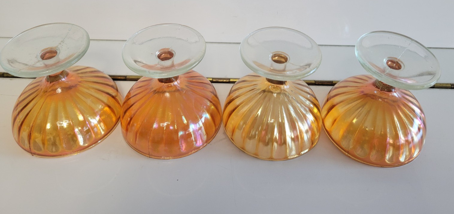 4 PEACH OPASLESCENT CARNIVAL GLASS SHERBETS DESSERT BOWLS 3.25 INCH HOLDS 4 OZS