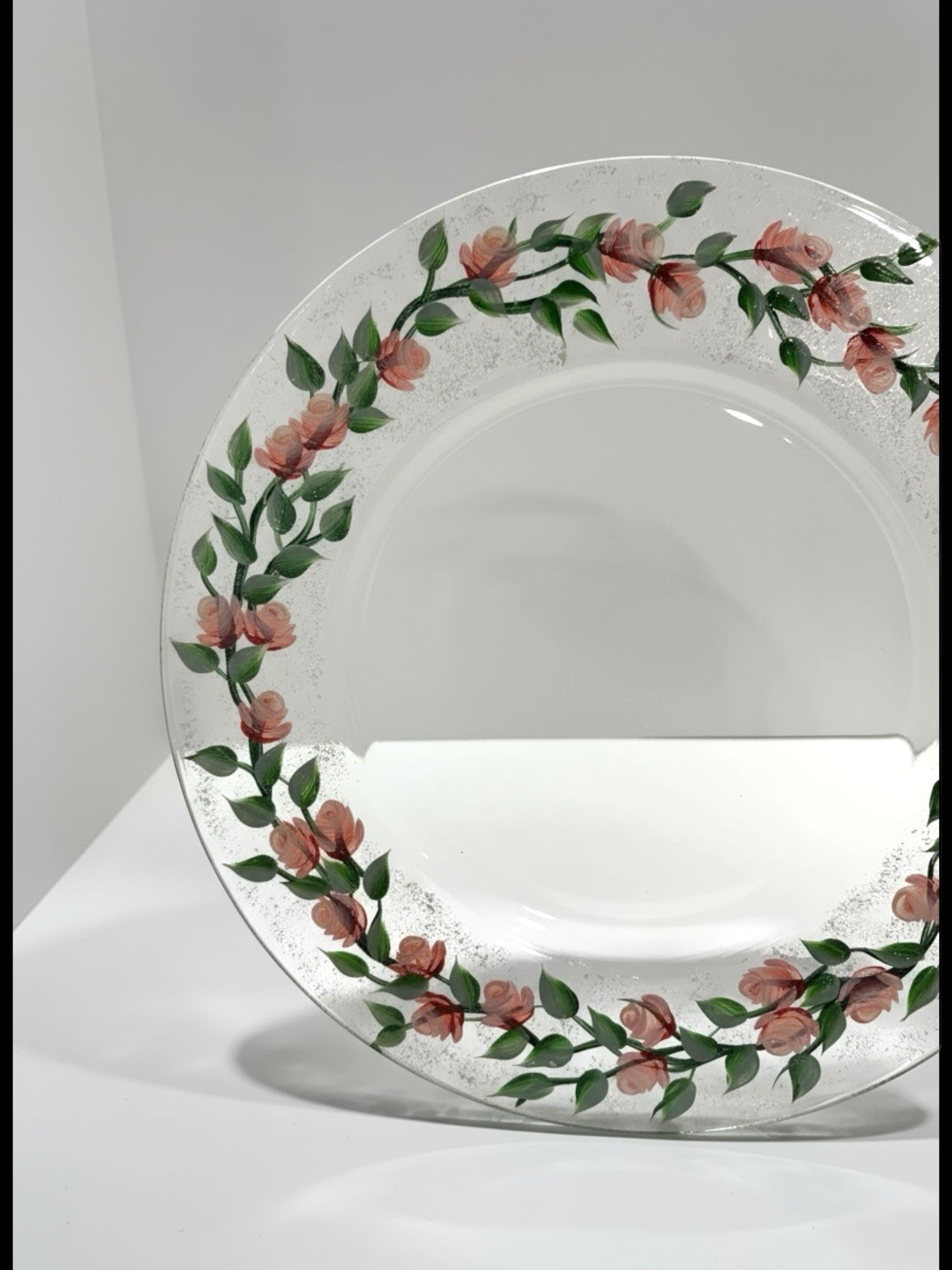 Hand Painted Pink Roses Clear Glass 14 Inch Serving Plate