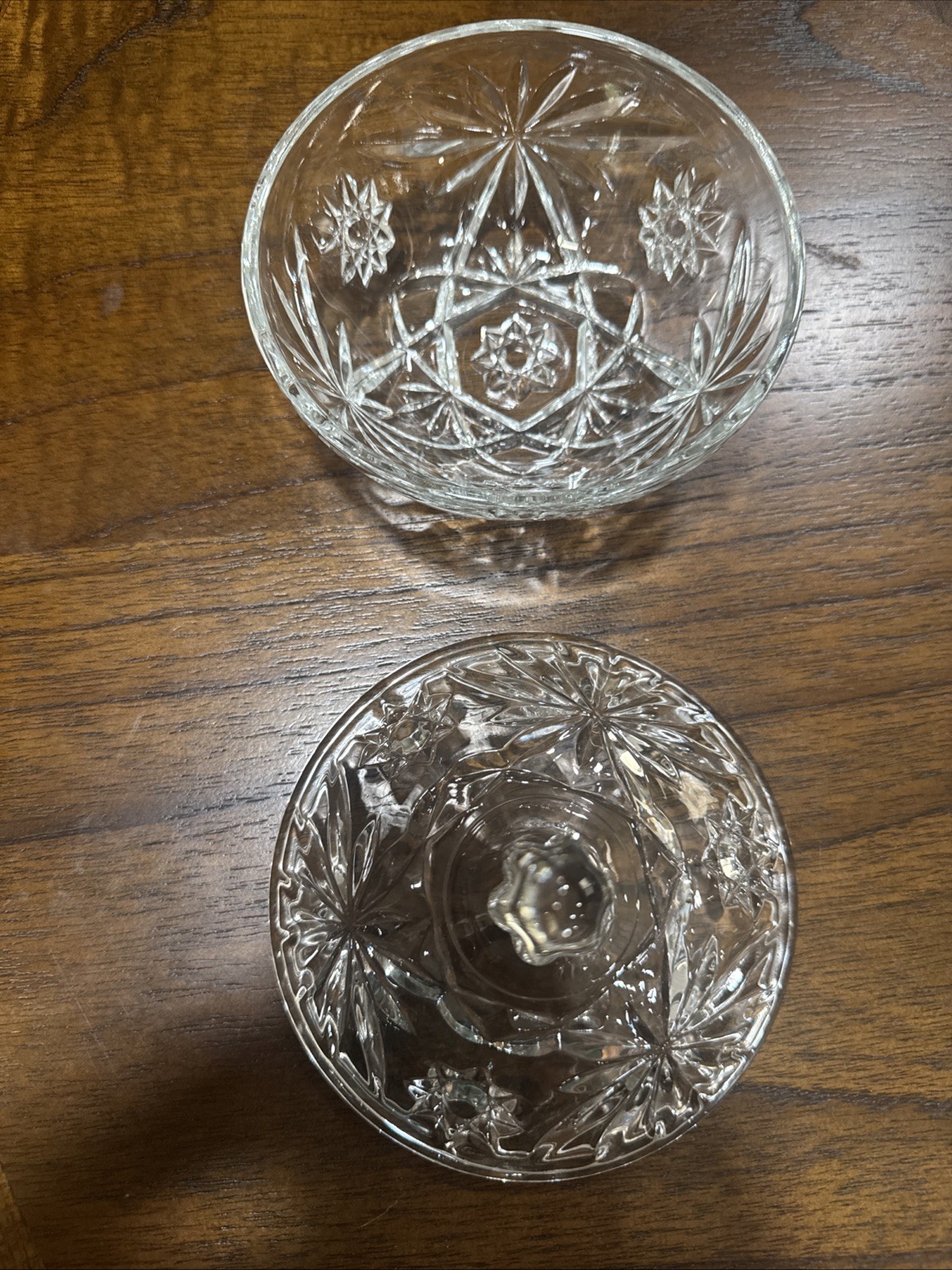 Vintage 5″ Star of David cut glass floral round covered candy dish bowl