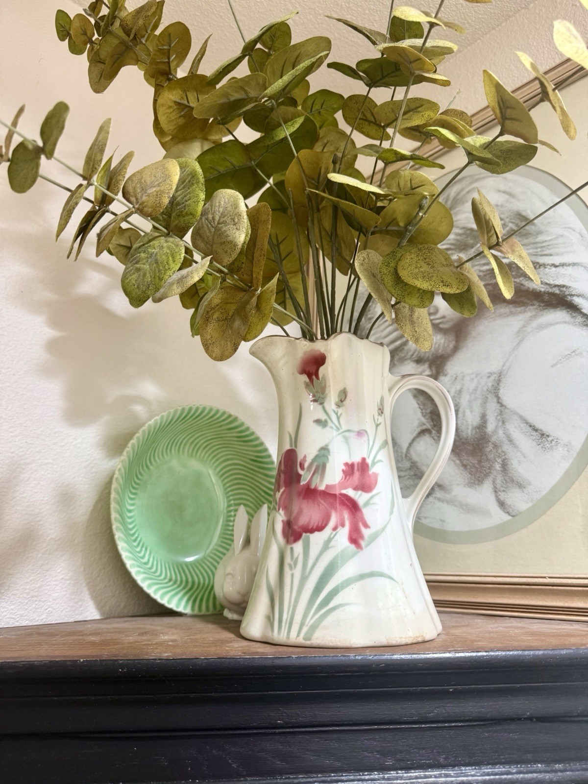 Blue Ridge Floral Ceramic Pitcher with Handle & Spout, White Pink Green