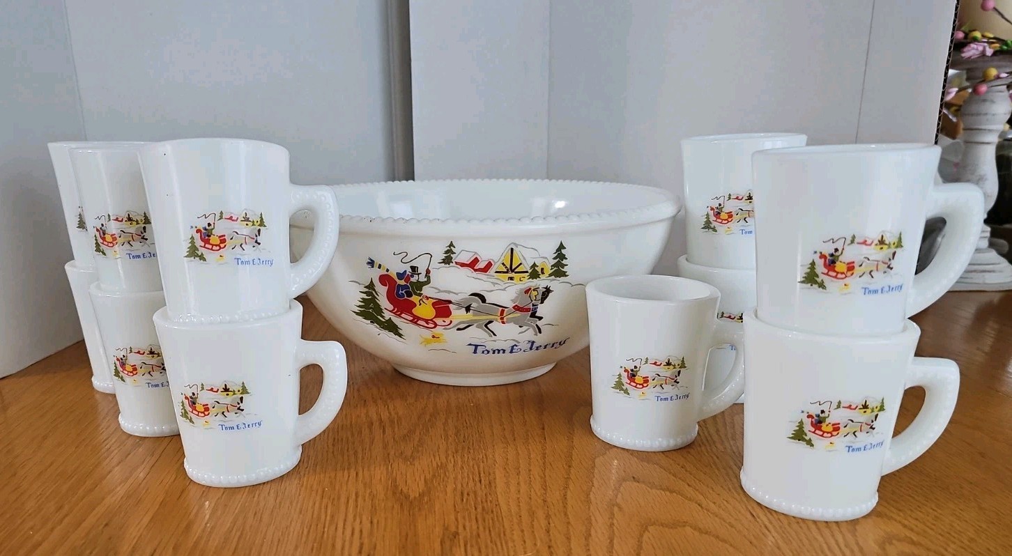 Vintage Tom & Jerry Milk Glass Beaded Punch Bowl & 11 Cups Sleigh Horses