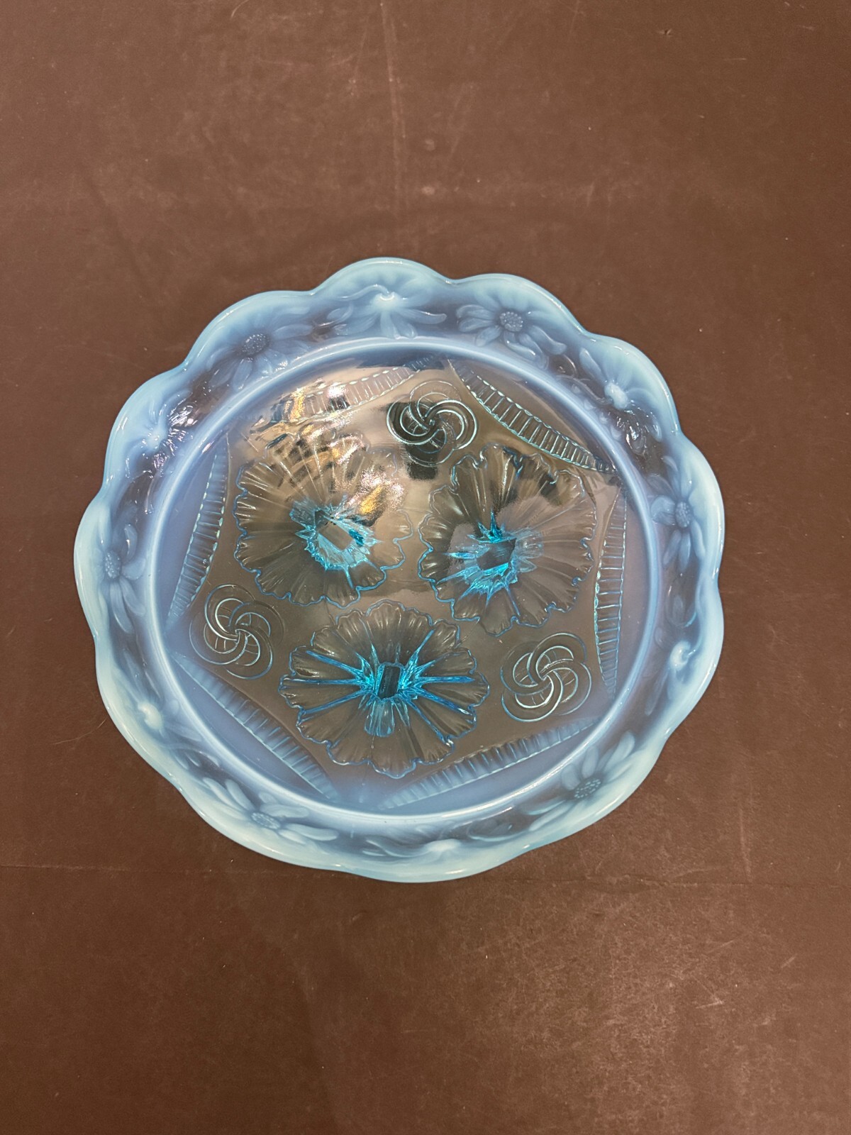 Antique c1905 EAPG Jefferson Glass Blue Opalescent Ruffles and Rings Footed Bowl