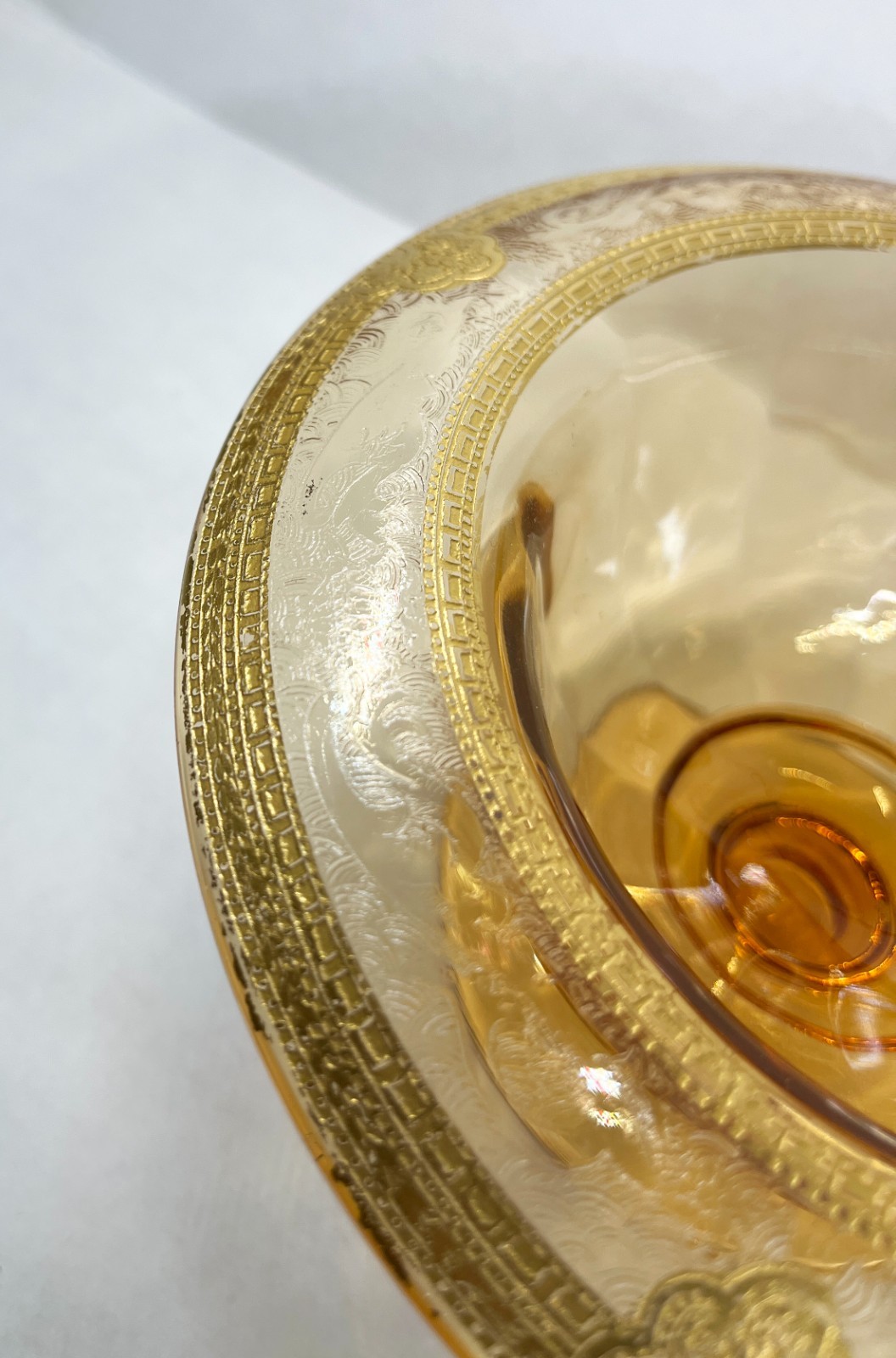 Vintage Amber Glass Pedestal Compote with Rolled Gold Decorative Rim