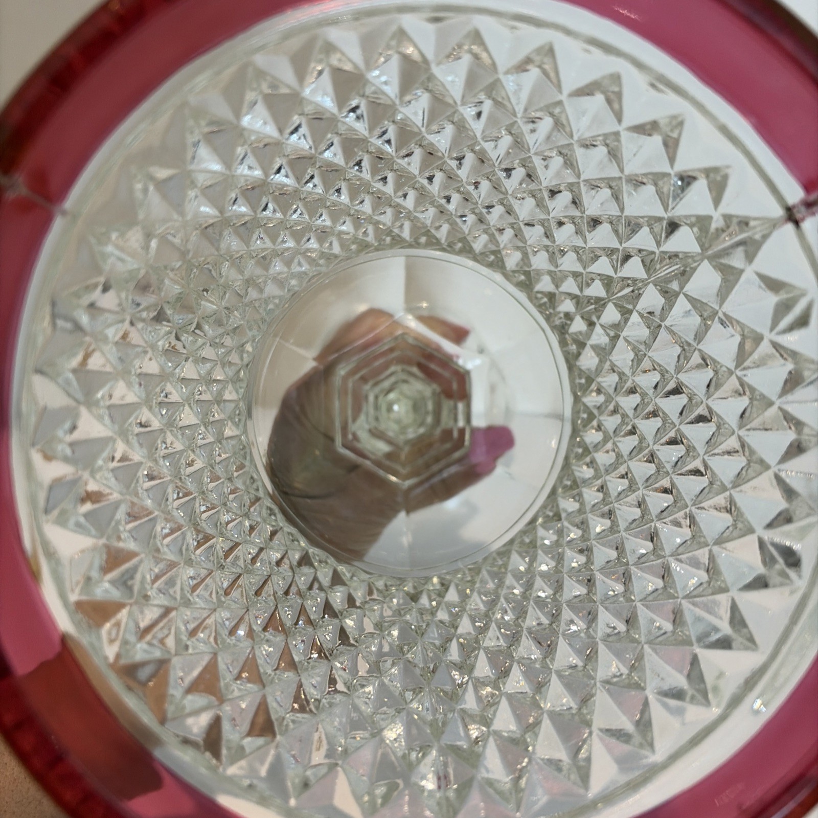 VTG Indiana Glass Diamond Point Ruby Band Covered Candy Dish Chalice 15.5″ Tall