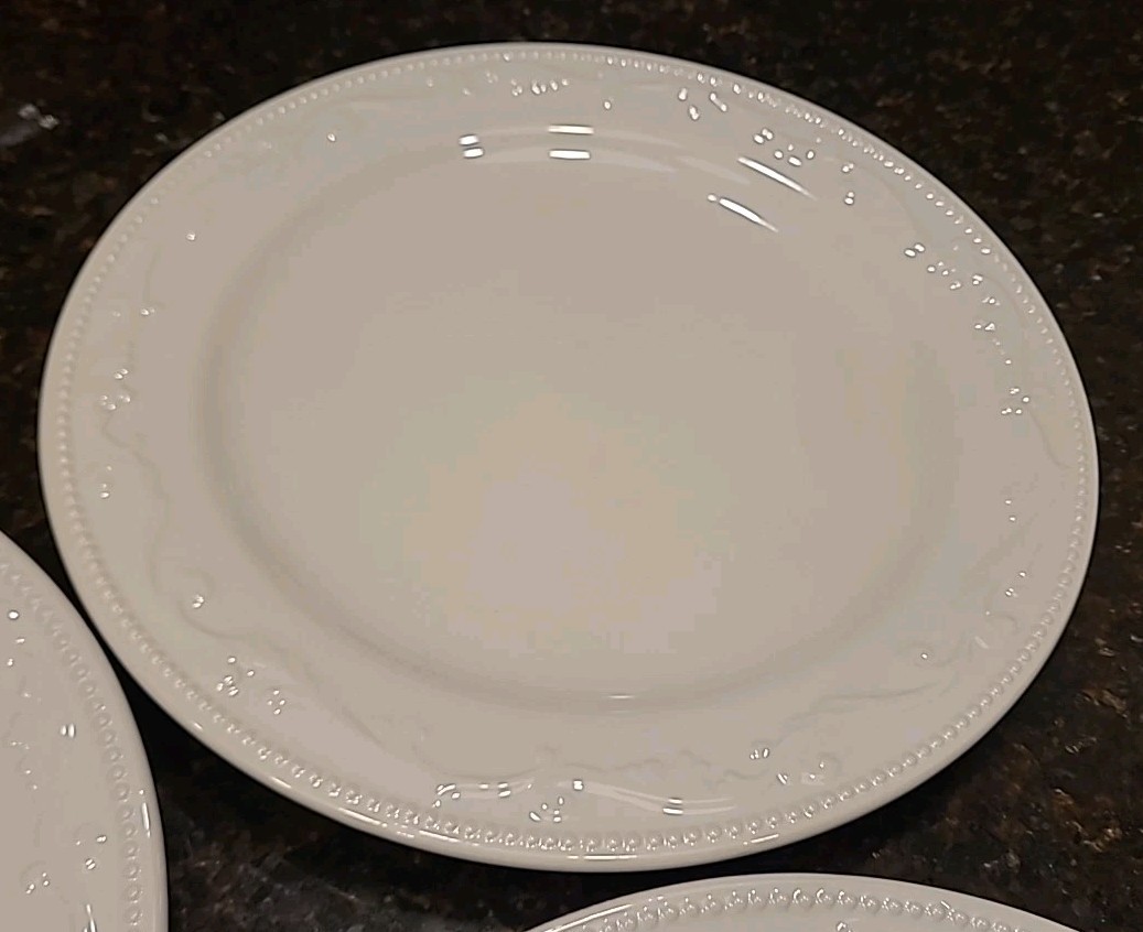 SET (3) Mesa International 11 7/8″ Dinner Plates. White Embossed Dots & Scrolls