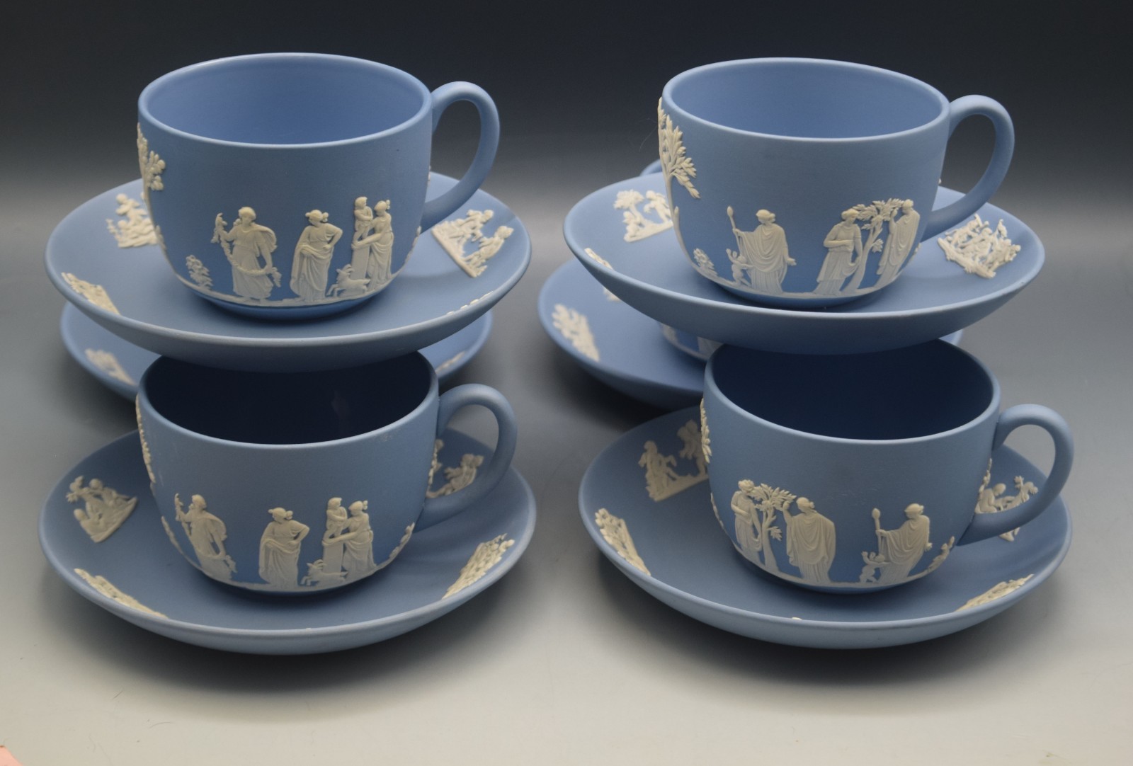 6 SETS WEDGWOOD BLUE JASPERWARE CUPS AND SAUCERS NEOCLASSICAL MYTHOLOGY