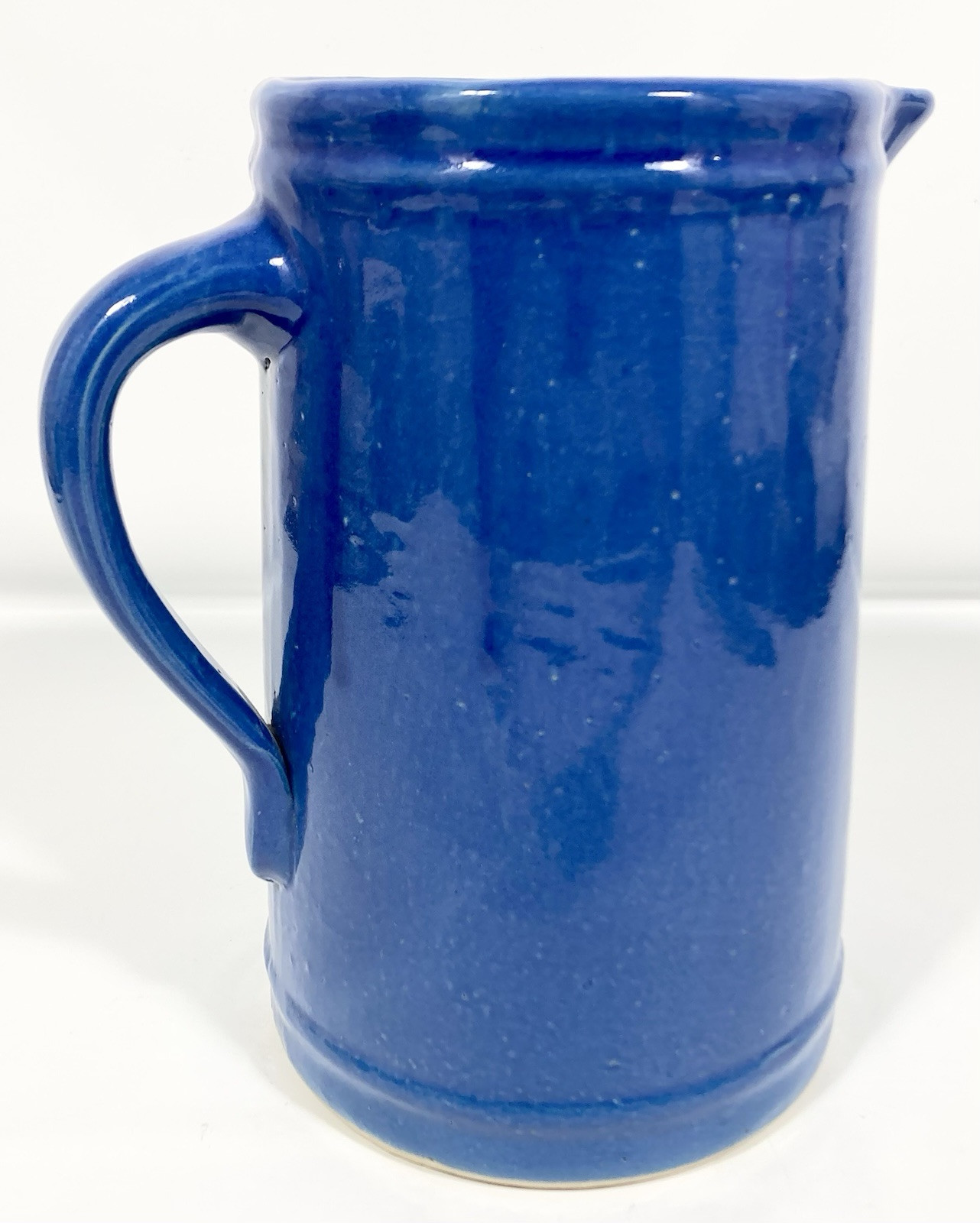 Vtg Antique Cobalt Blue Yellow Ware Stoneware PITCHER Vase 2 Qt. 8 3/4″ Tall EX