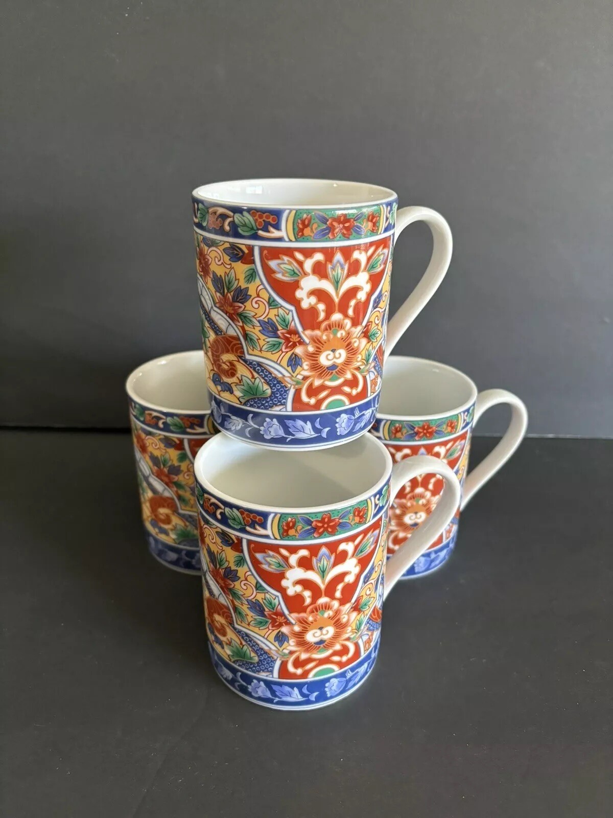 Horchow ~ Imari Edo Coffee Cup / Mug ~ Red Gold Blue White Rust ~ Set of 4