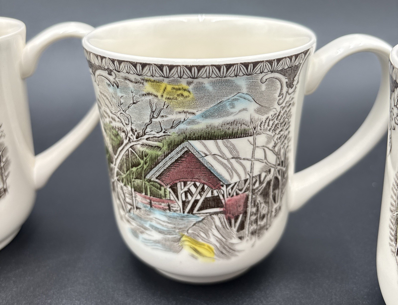 Johnson Bros China The Friendly Village Covered Bridge 4 Lot Coffee Mugs England