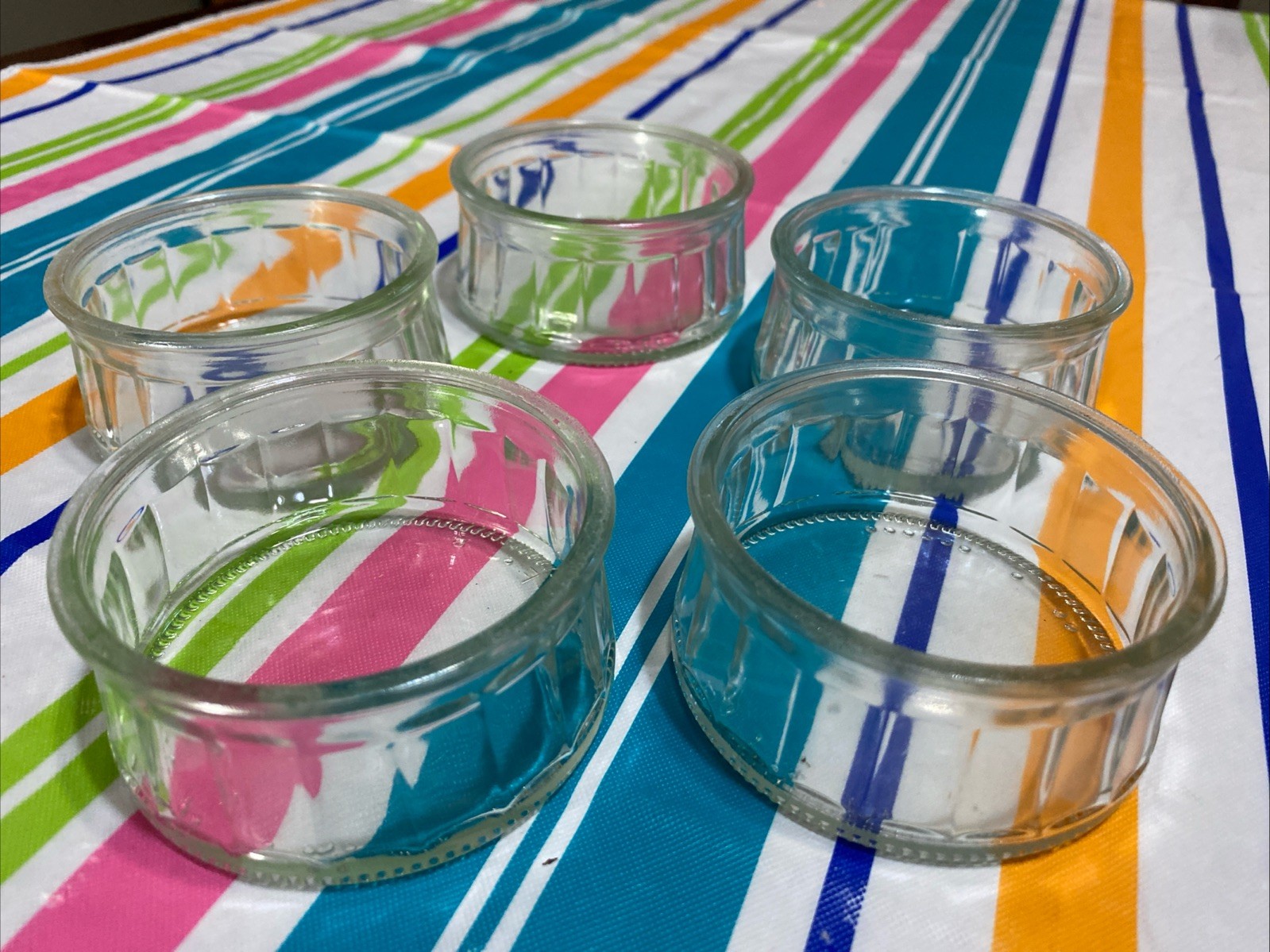 5 Vintage 4oz Ribbed Clear Glass Custard Ramekins Dessert Bowl Serving Dish Set