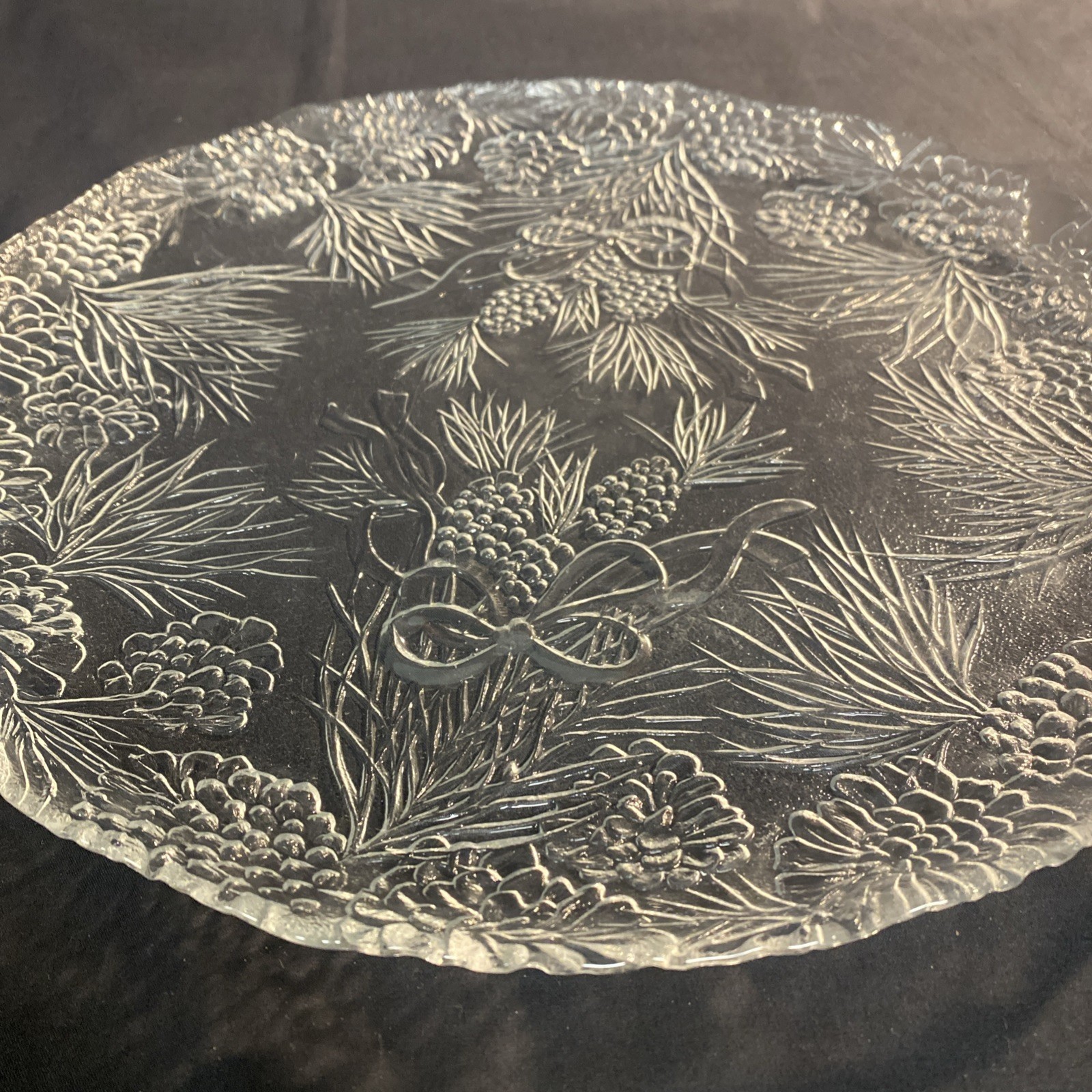 13″ Clear Holiday Round Platter Serving Glass Embossed Pinecones & Bows- Vintage