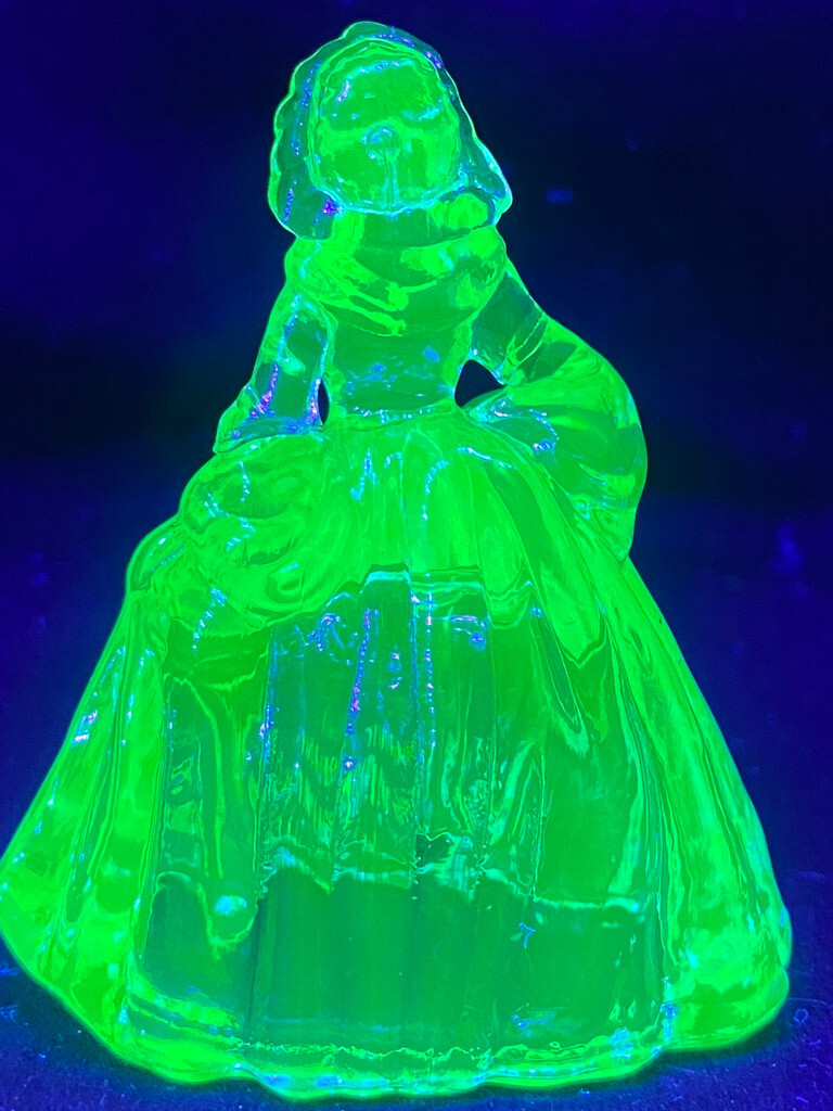 Green Vaseline uranium glass girl doll candy container woman Elizabeth Blue glow