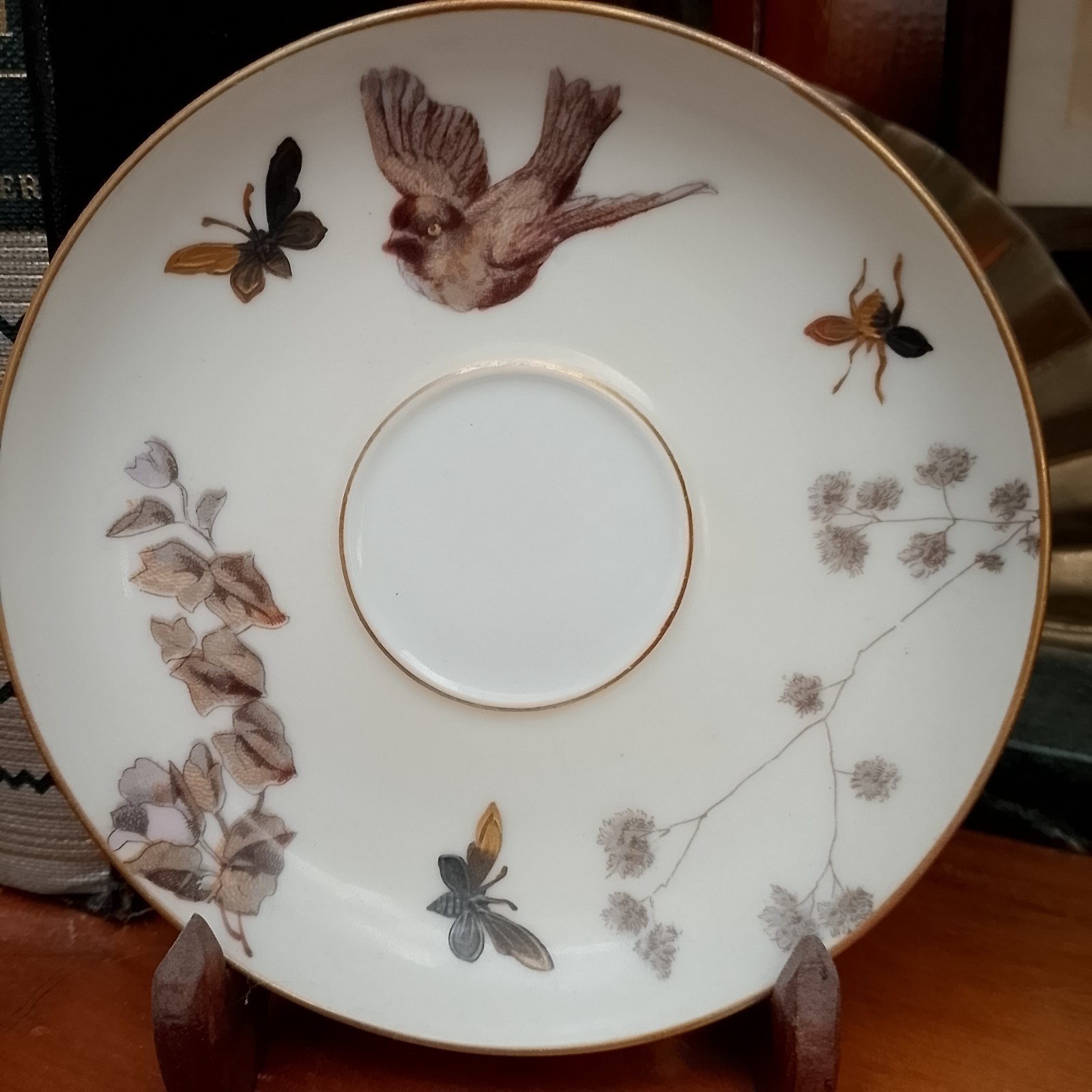 Fischer & Mieg Pirkenhammer Cup Saucer Birds BEES Hand-Painted 1890s C&S HTF