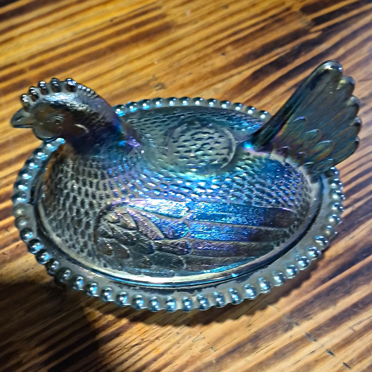 Blue Iridescent Carnival Glass Hen on Nest Covered Dish Set w/ Lid, 2pc