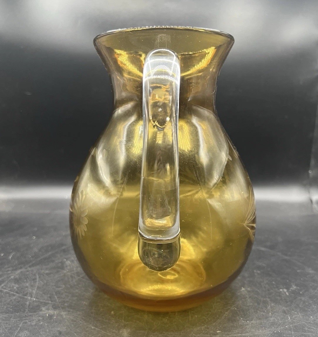 Pitcher Hand Blown Etched Glass Amber Applied Handle MCM 9.5” Vintage