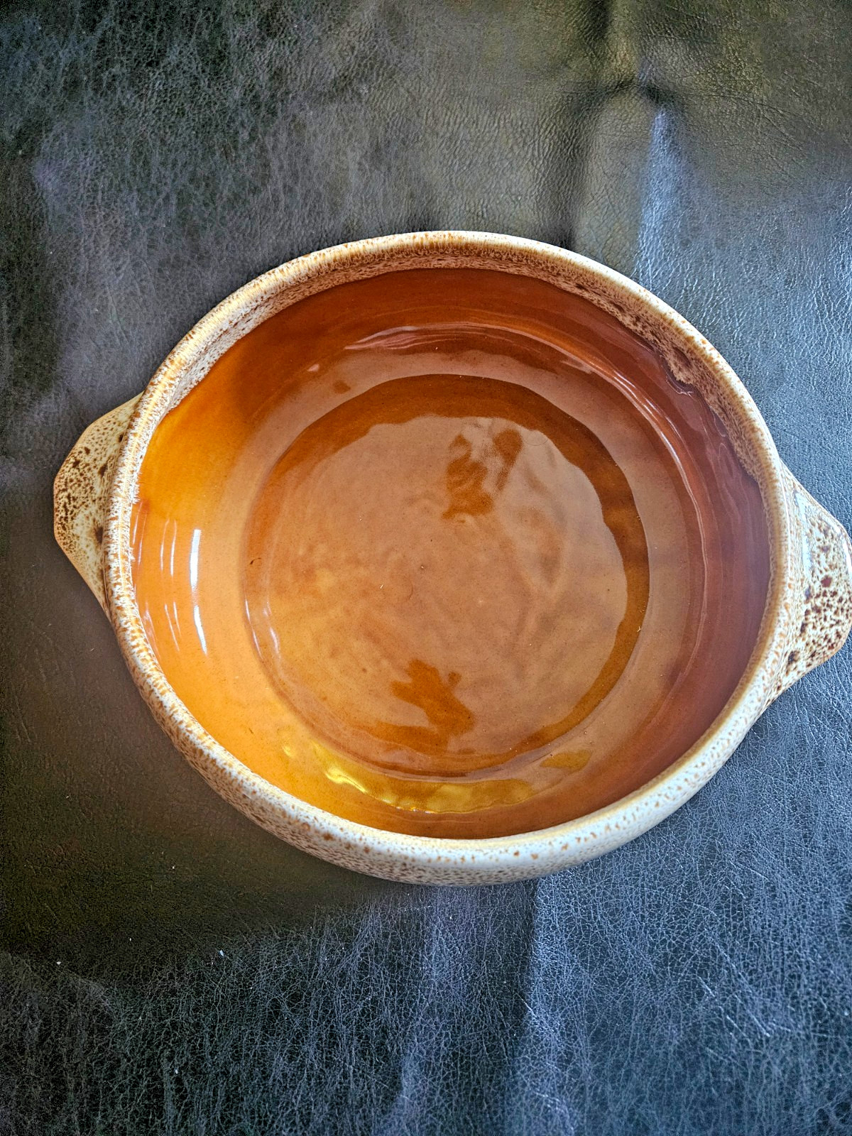 Vintage USA Pottery Stoneware Covered Casserole Dish Drip Glaze Brown Tan