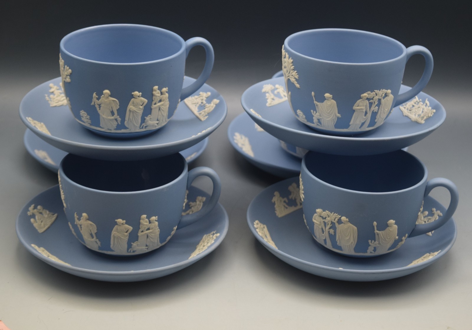 6 SETS WEDGWOOD BLUE JASPERWARE CUPS AND SAUCERS NEOCLASSICAL MYTHOLOGY