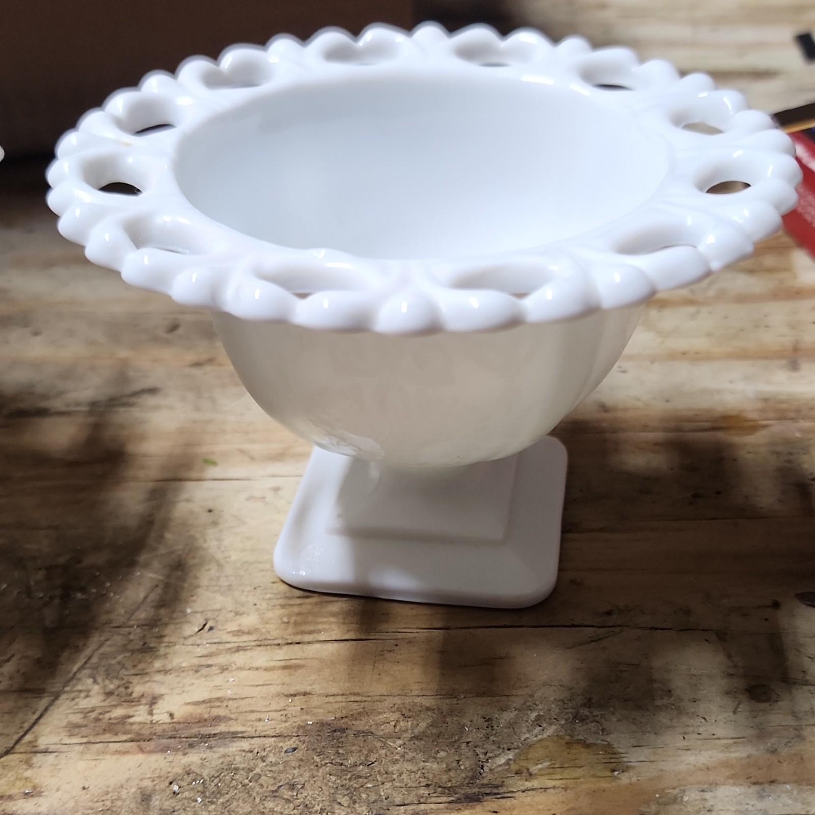 White Milk Glass Pedestal Compote Bowl, Round Glossy Openwork Rim