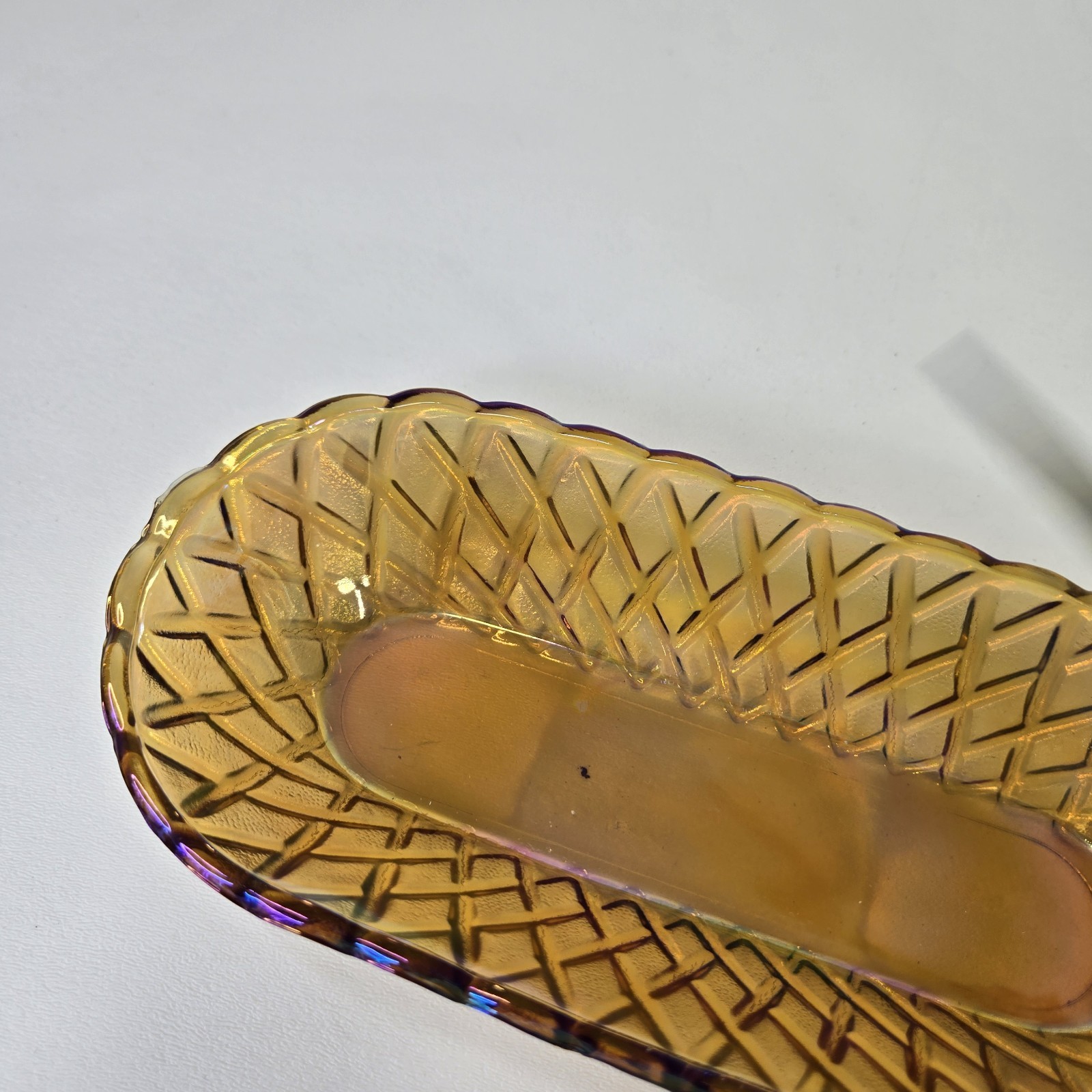Vintage INDIANA Glass Amber Marigold Oblong Basket Weave Pattern Relish Dish