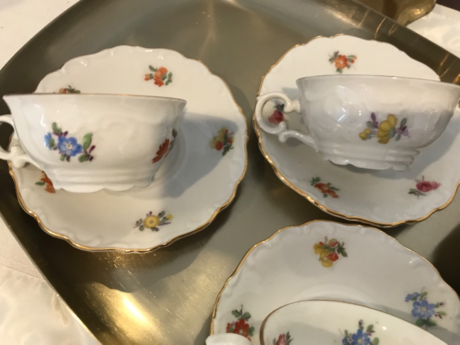 VTG Mitterteich Bavaria Meissen Floral Teacup & Saucer, Set of 4, Gold trim EUC