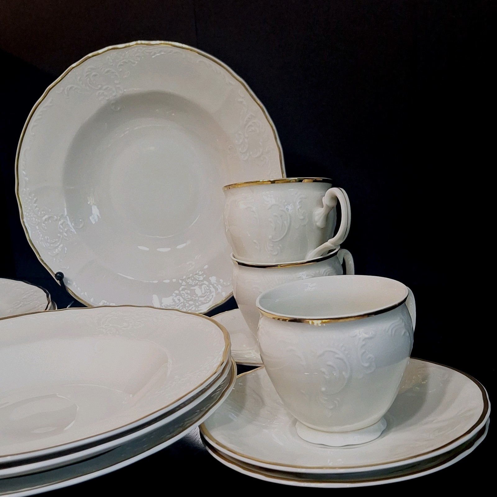 Baum Bros TM Bernadotte Ivory Porcelain Luncheon Set Salad Plate Bowl Cup Saucer