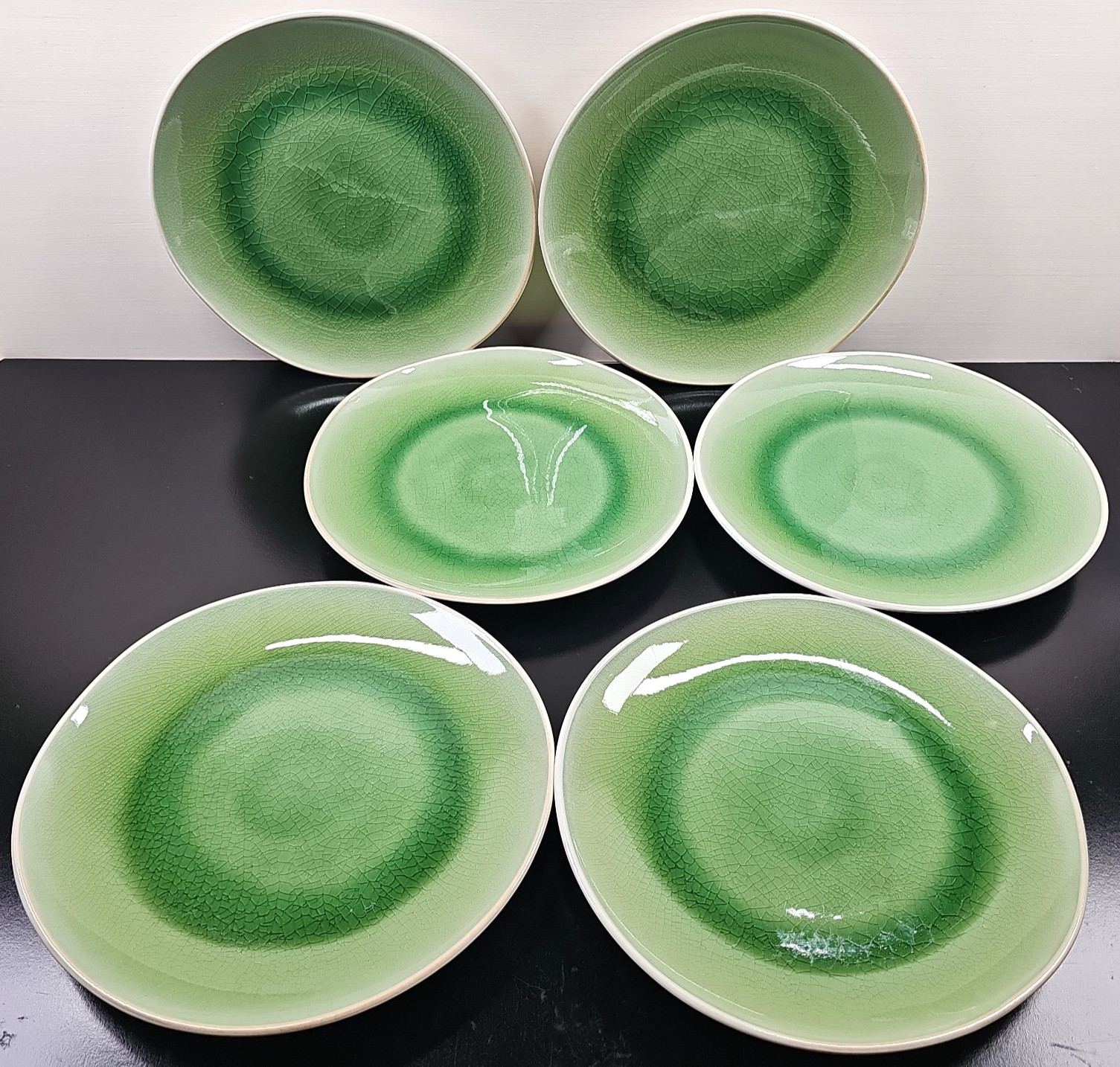 6 Roscher Crackle Glass Green Dinner Plates Set Elegant Stoneware Table Dish Lot