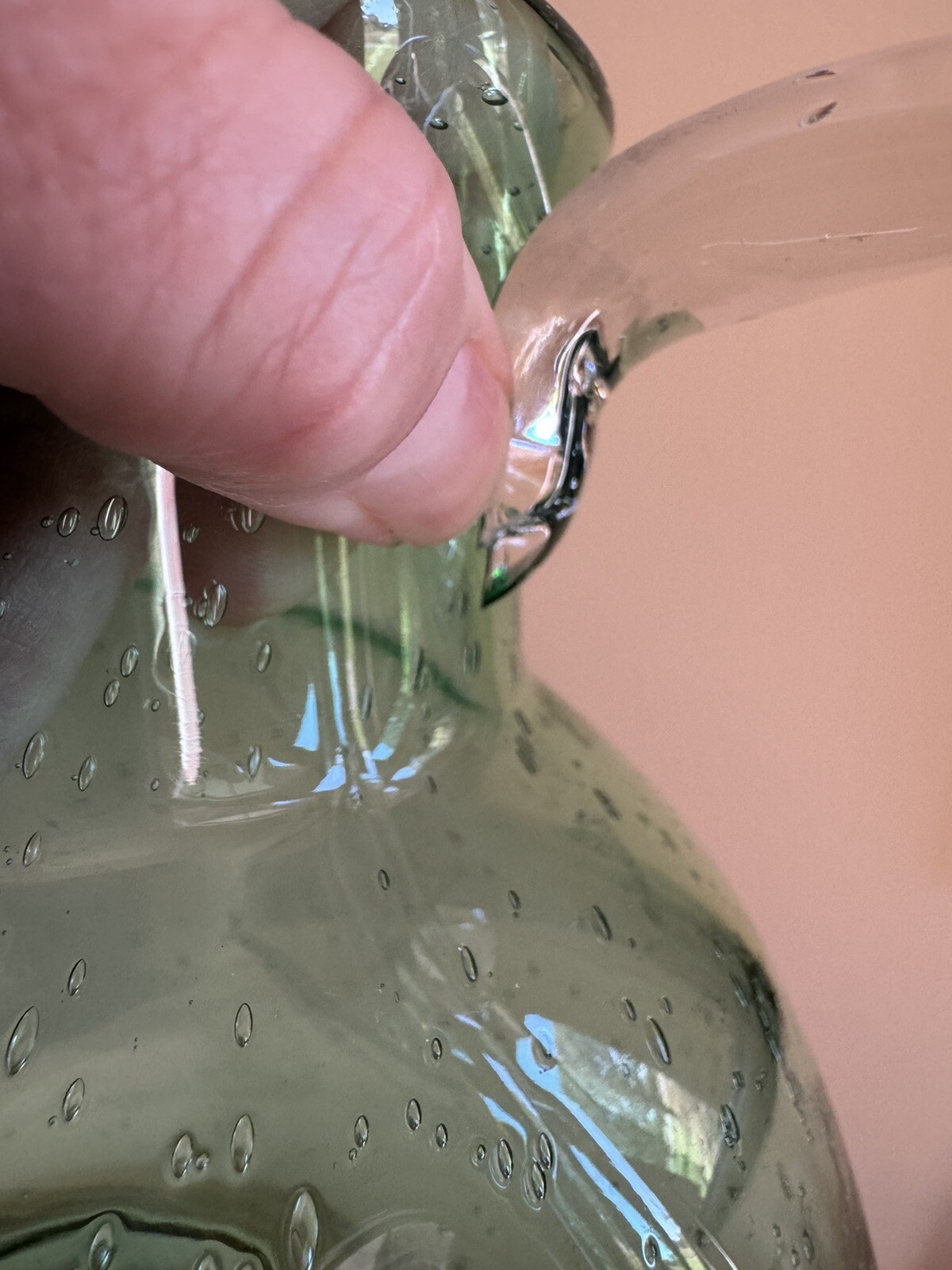 END 7/23 Large Hand Blown Green Bubble Glass Pitcher Heavy Applied Handle Seeded