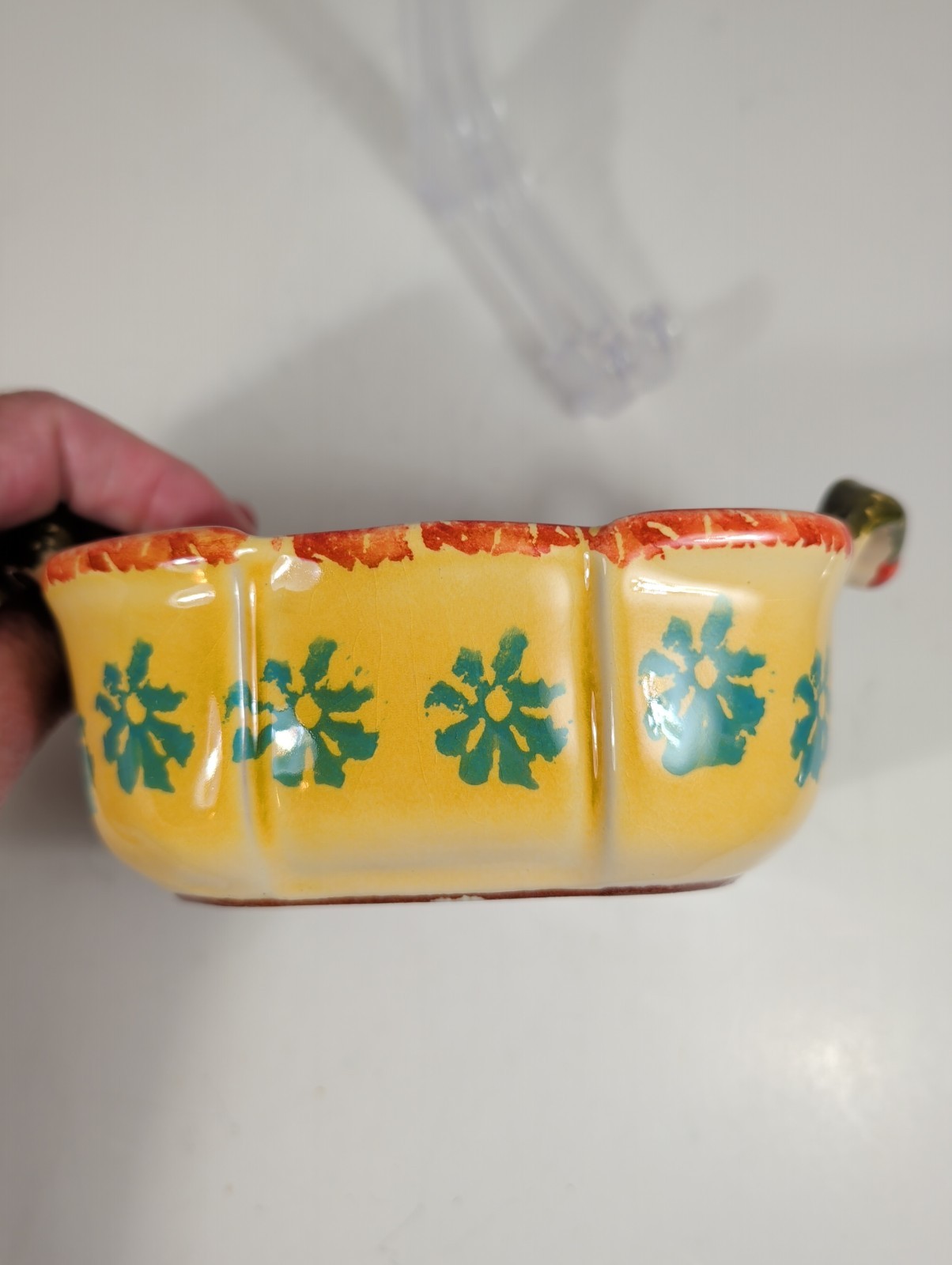 Italian Hand-Painted Vegetable Motif Two-Handled Ceramic Bowl Appx 5 In+7in Oven