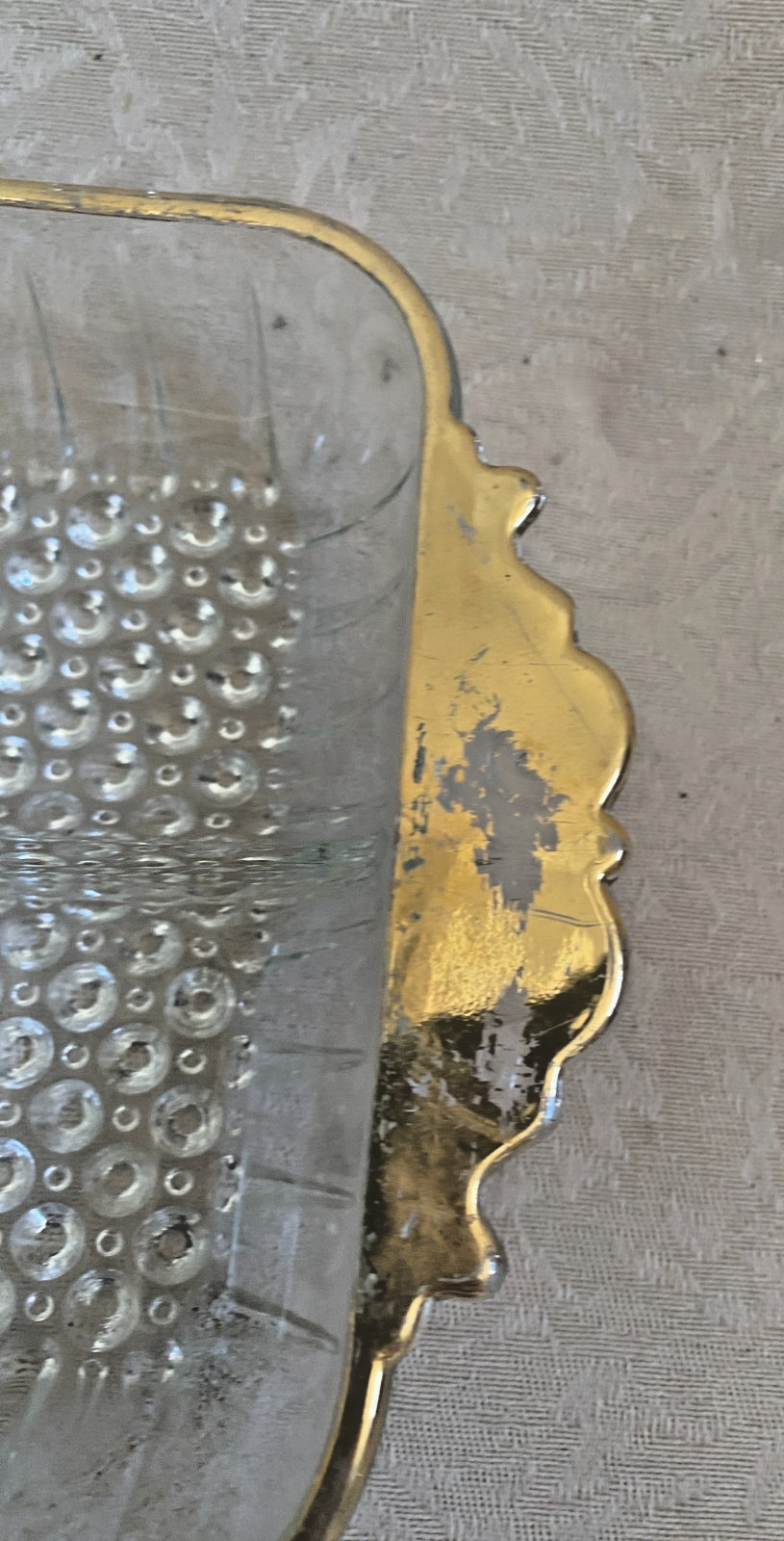 Vintage Clear Glass Rectangular Platter Tray Gold Trim Handles Diamond Pattern